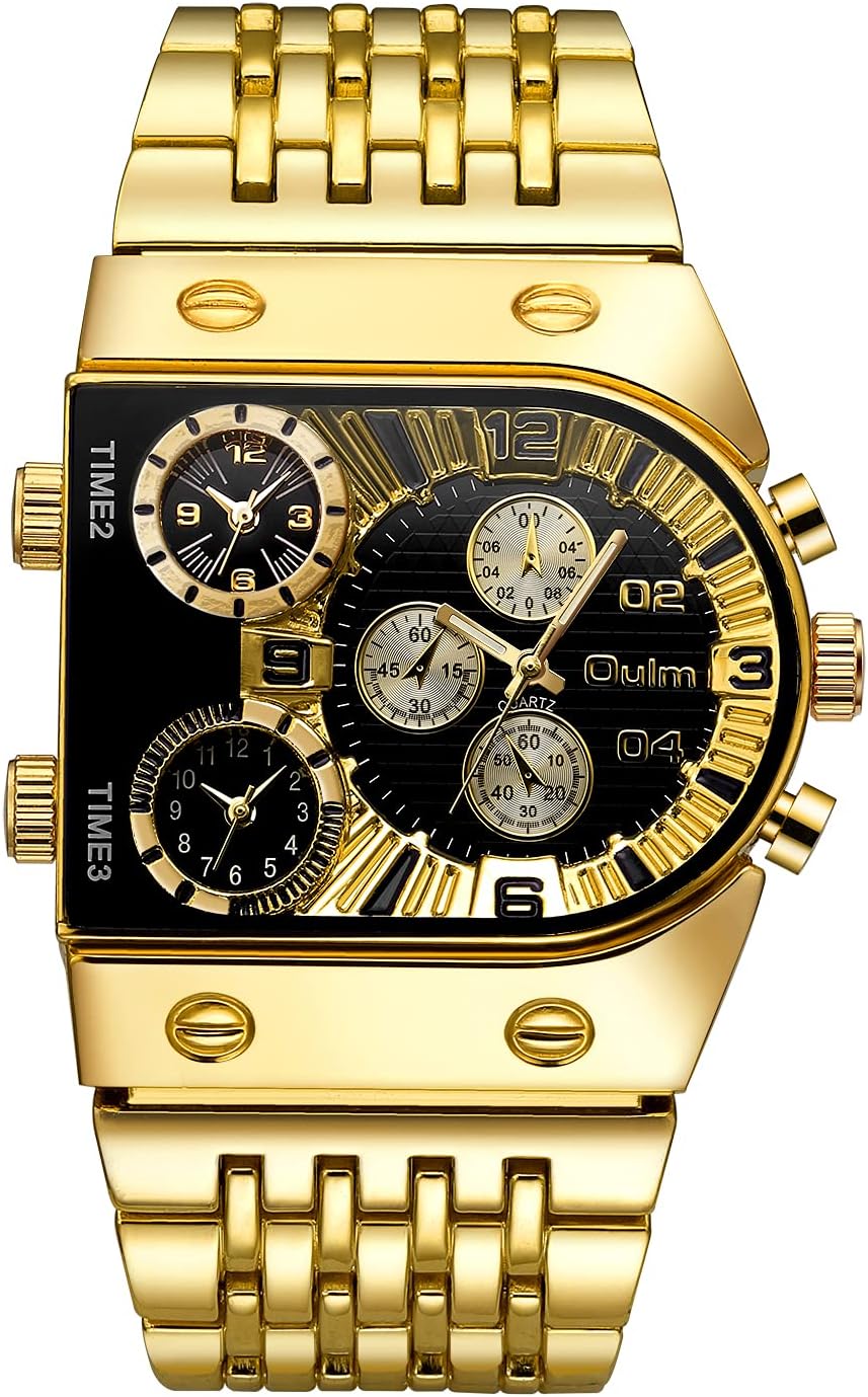 Men’s Luxury Rectangle Square Gold Silver Big Face Luminous Waterproof Quartz Watch Sports Multi-Time Zone Military Stainless Steel Male Dress Wristwatch