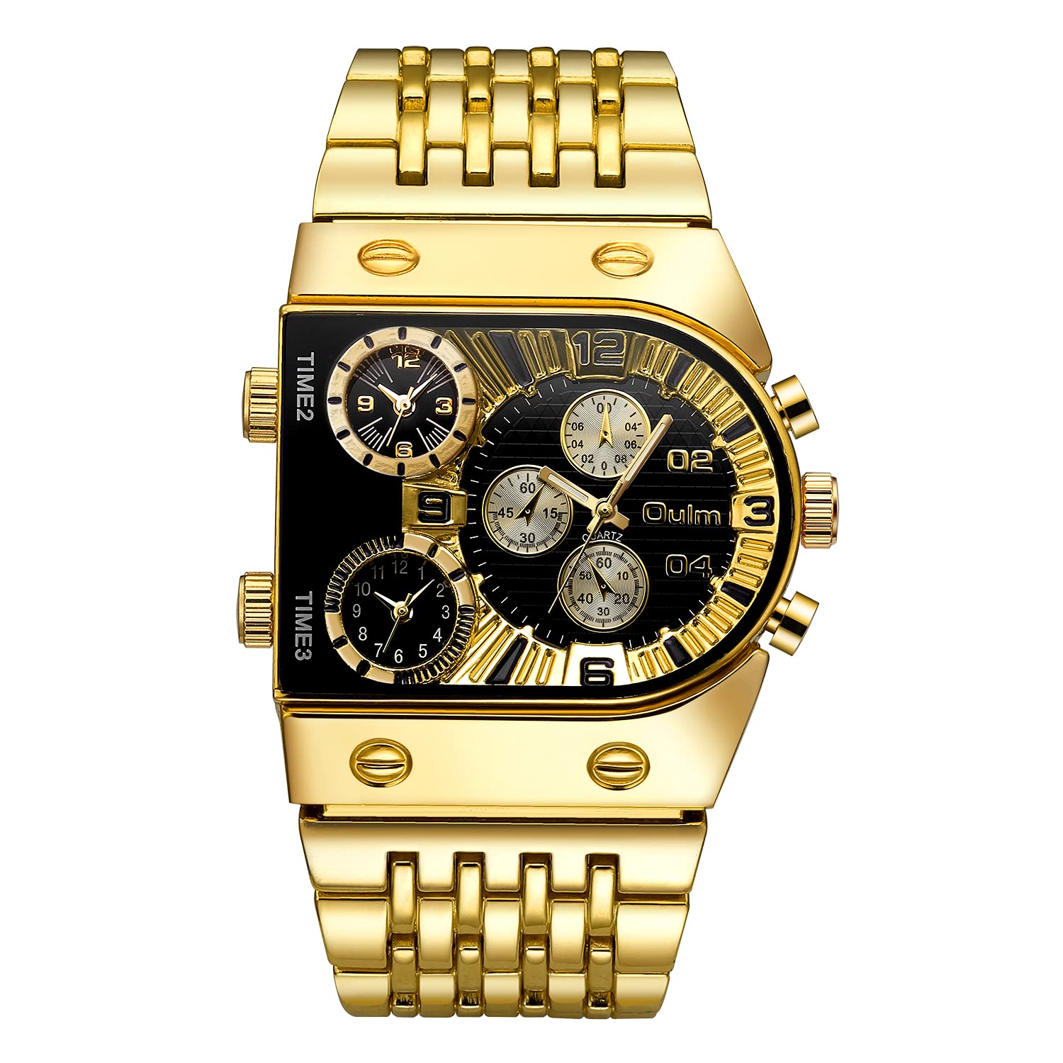 CARLIENMen’s Luxury Rectangle Square Gold Silver Big Face Luminous Waterproof Quartz Watch Sports Multi-Time Zone Military Stainless Steel Male Dress Wristwatch