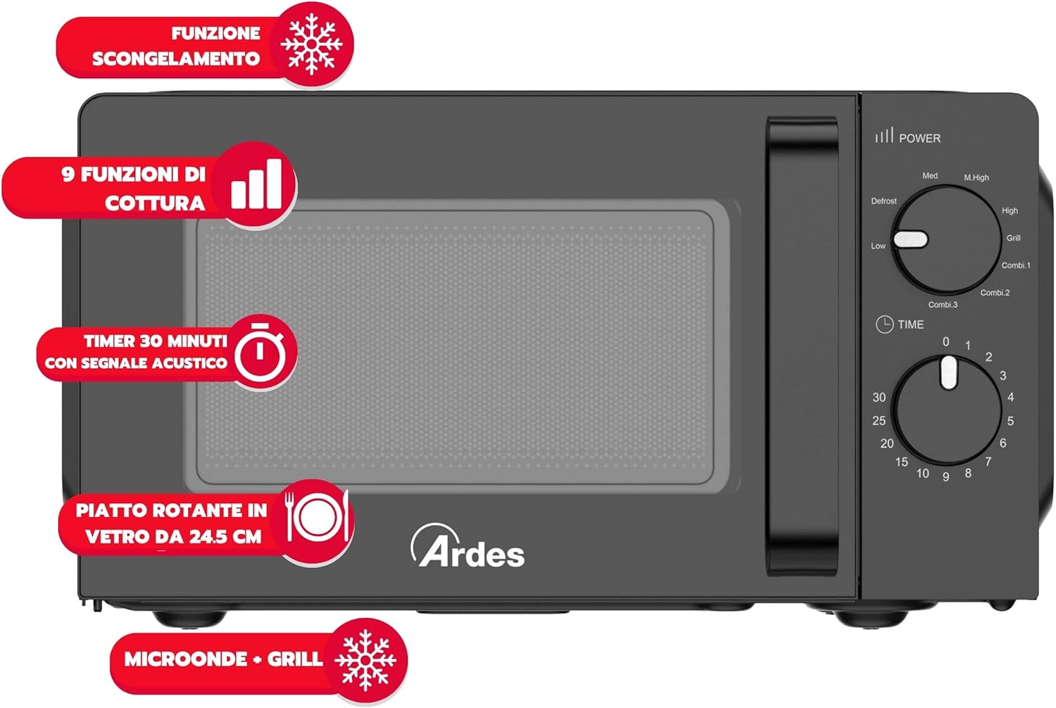 ARDES | Forno a Microonde 20 Litri Forno Combinato Microonde e Grill Piccolo con 5 Potenze e 9 Modalità di Cottura Forno Microonde con Timer Luce Interna e Piatto Rotante Modello AR6520G