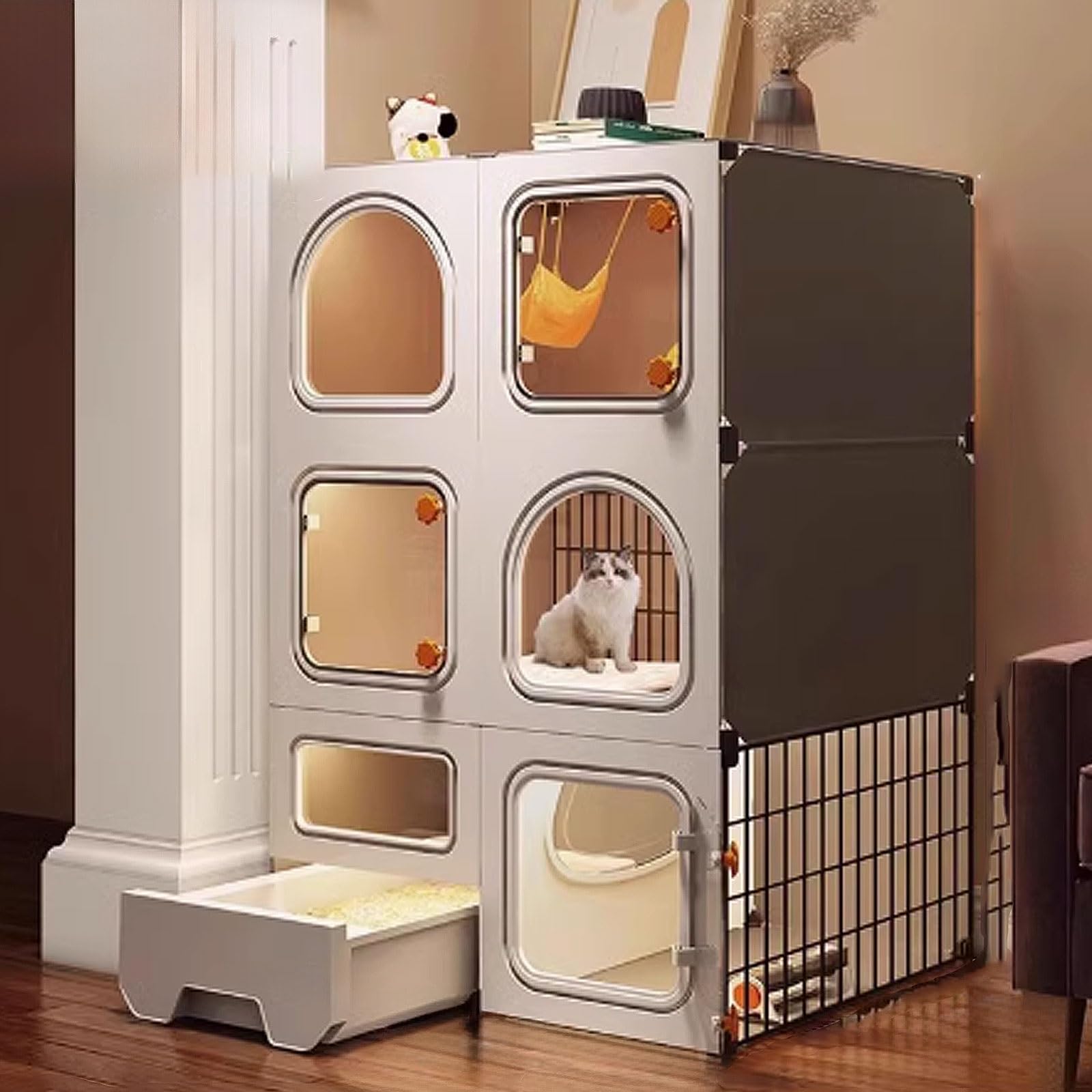 GUQASDV Cat Cages Indoor, Cat Houses, Cat Playpen with Top Cover, Cat Enclosures with Pull-out Litter Box with Upgraded Lock for Balcony(71 * 36.5 * 106cm)