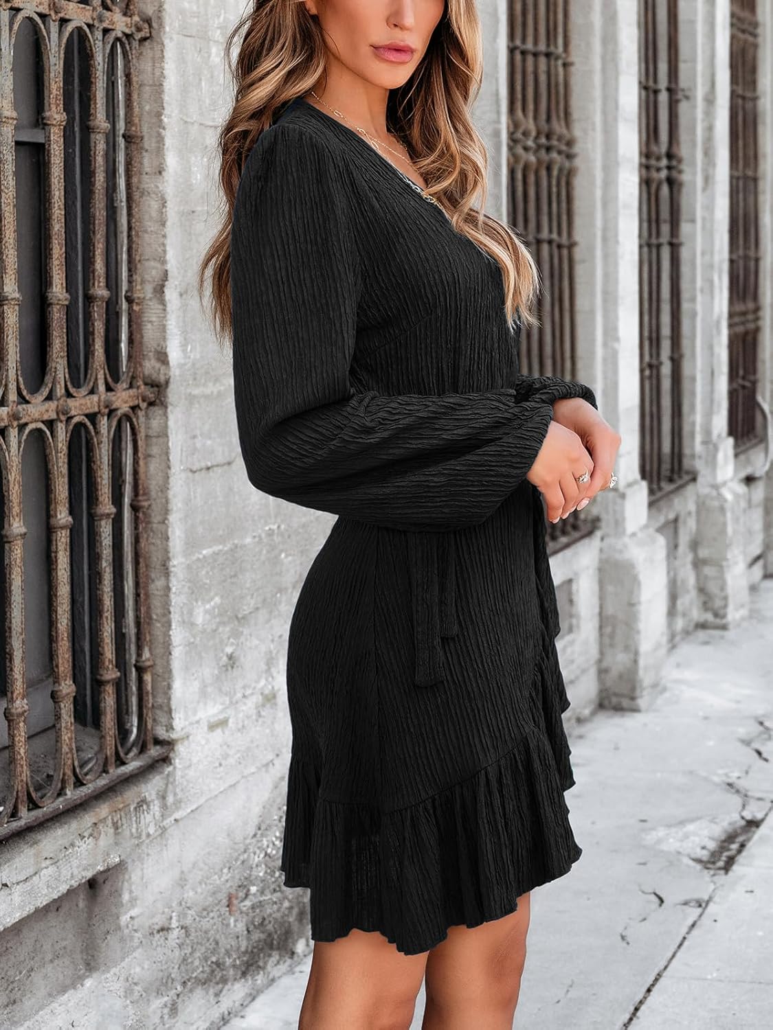 CUPSHE Womens Ruched Fall Dresses V Neck Long Sleeve Belted Ruffled Casual Bodycon Flowy Party Elegant Mini Cocktail Dress - Image 4