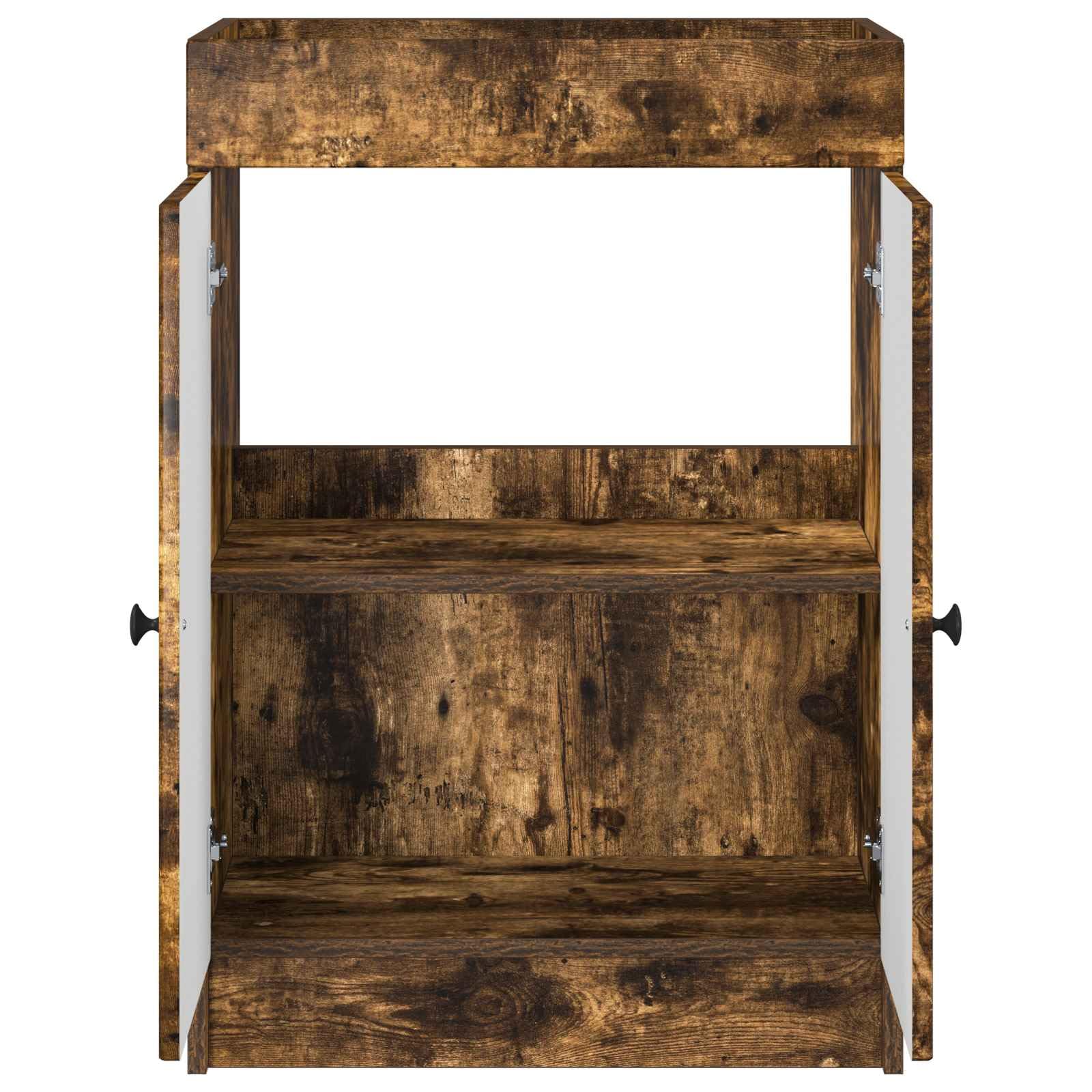 Mueble bajo lavabo 78,5 x 37,5 x 81 cm roble ahumado | Práctico mueble de baño de madera con dos puertas batientes y elegantes botones de metal negro.