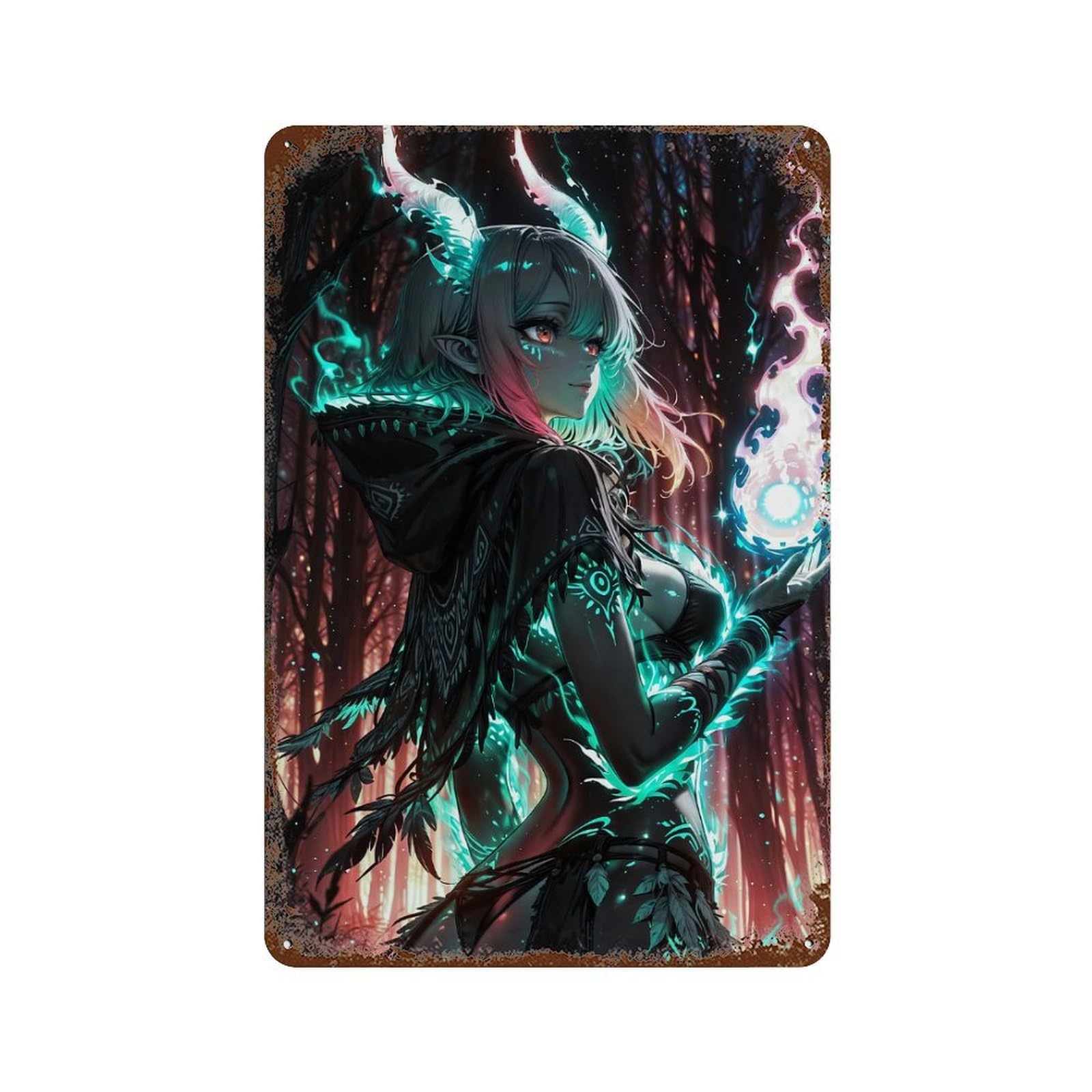 Vintage Rust Metal Sign Anime Demon Girl with Fire 11.8"x7.9", Novelty Wall Decor for Office, Studio And Wall Decor