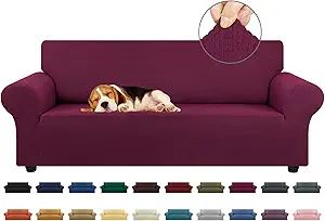KEKUOU Stretch Sofa Cover Slipcover ,Couch Covers for 3 Cushion Couch Sofa pet Friendly (78"-94") Furniture Protector Sofa with Elastic Bottom for Kids,Dog, Jacquard Small Checked(Large,Wine)