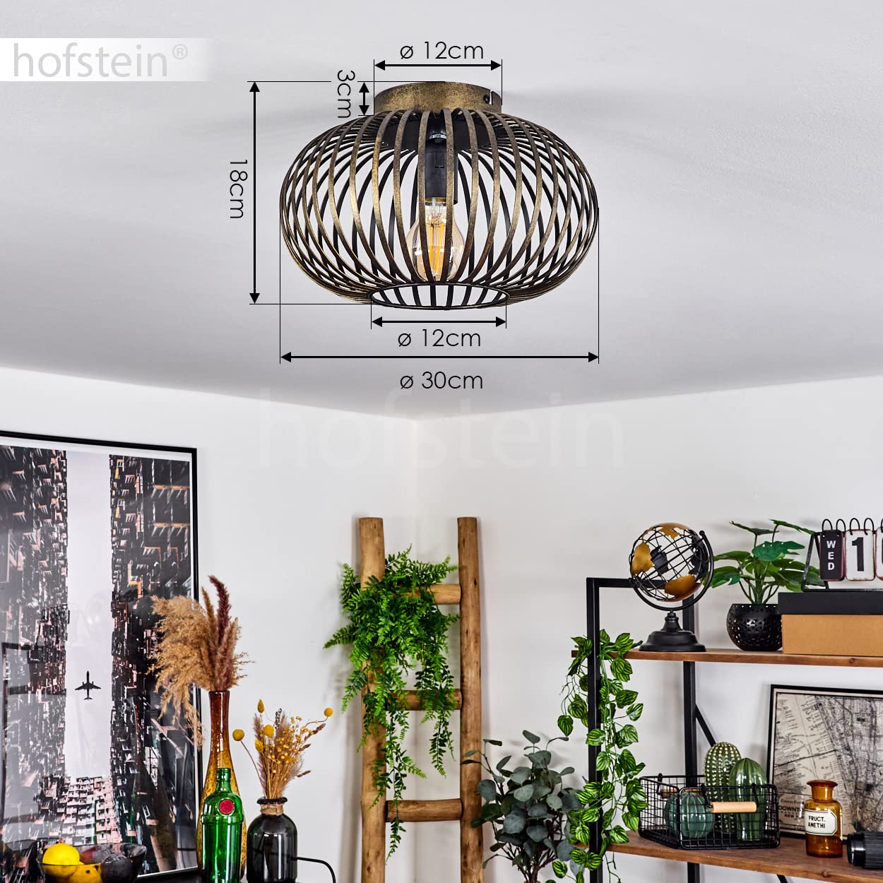 Plafoniera Oravi, lampada da soffitto rotonda in metallo in nero antico, 1 luce, attacco E27, senza lampadina, Ø 30 cm, luce retro/vintage con grande effetto luminoso grazie all'ottica a reticolo