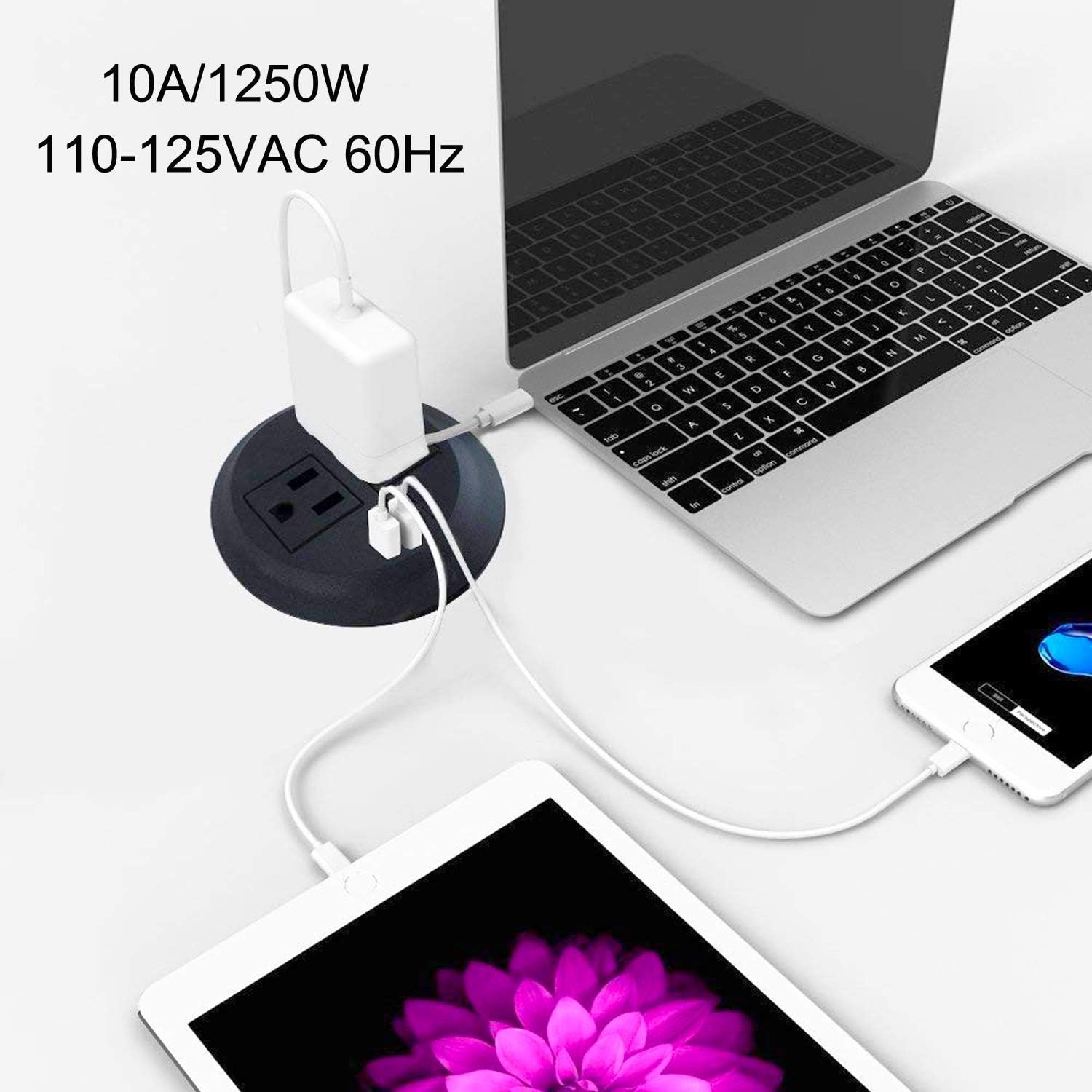 Desktop Power Grommet Outlet Data Center 3" Hole No Drilling Required, 3 Outlet W/ 4 USB Ports (Free Return) (DC-8889-4 USB/3 Power-3" (White)) (DC-8889-4 USB/2 Power-3" (Silver))