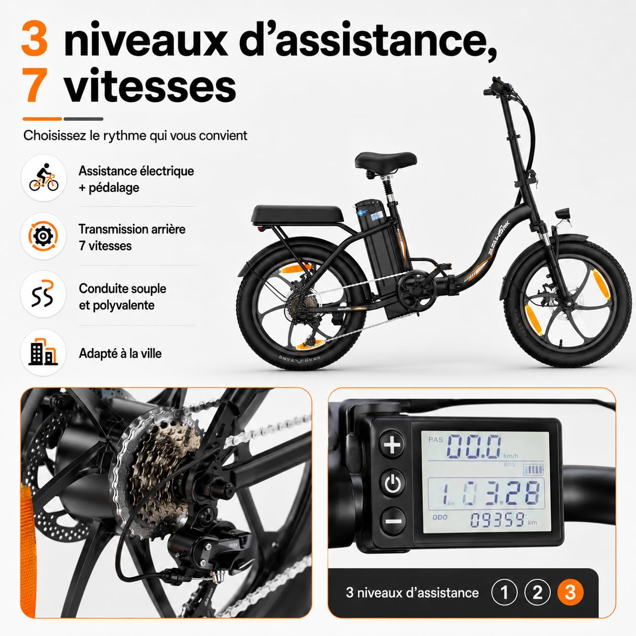 TIGUOWISH ZAZAWORK Vélo Électrique Pliable 250W, VTT Batterie 48V 16Ah, Autonomie 100 km, 7 Vitesses, Freins à Disque, Pneus 20" Anti-Crevaison