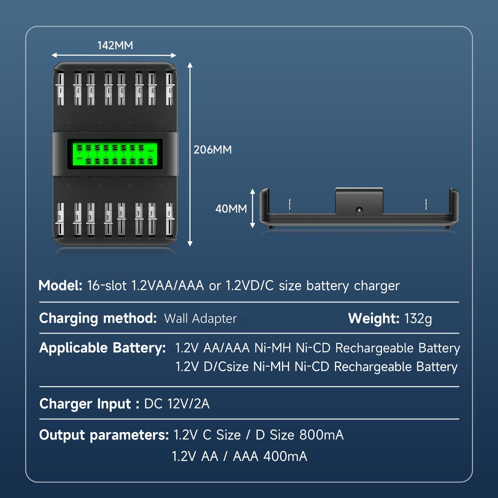 CITYORK Cargador de batería Universal LCD de 16 bahías para batería Recargable doméstica Ni-MH Ni-CD de 1,2 V C D AA AAA, Carga rápida
