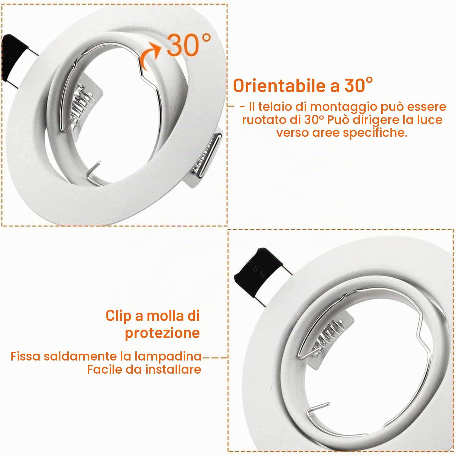 Allesgute Set Di 30 Faretti Da Incasso A LED GU10 Cornice Da Incasso Roud Bianco Opaco Orientabili 230V Faretti Diametro Foro 68 Mm Incl. Presa GU10 Per LED O Alogeni