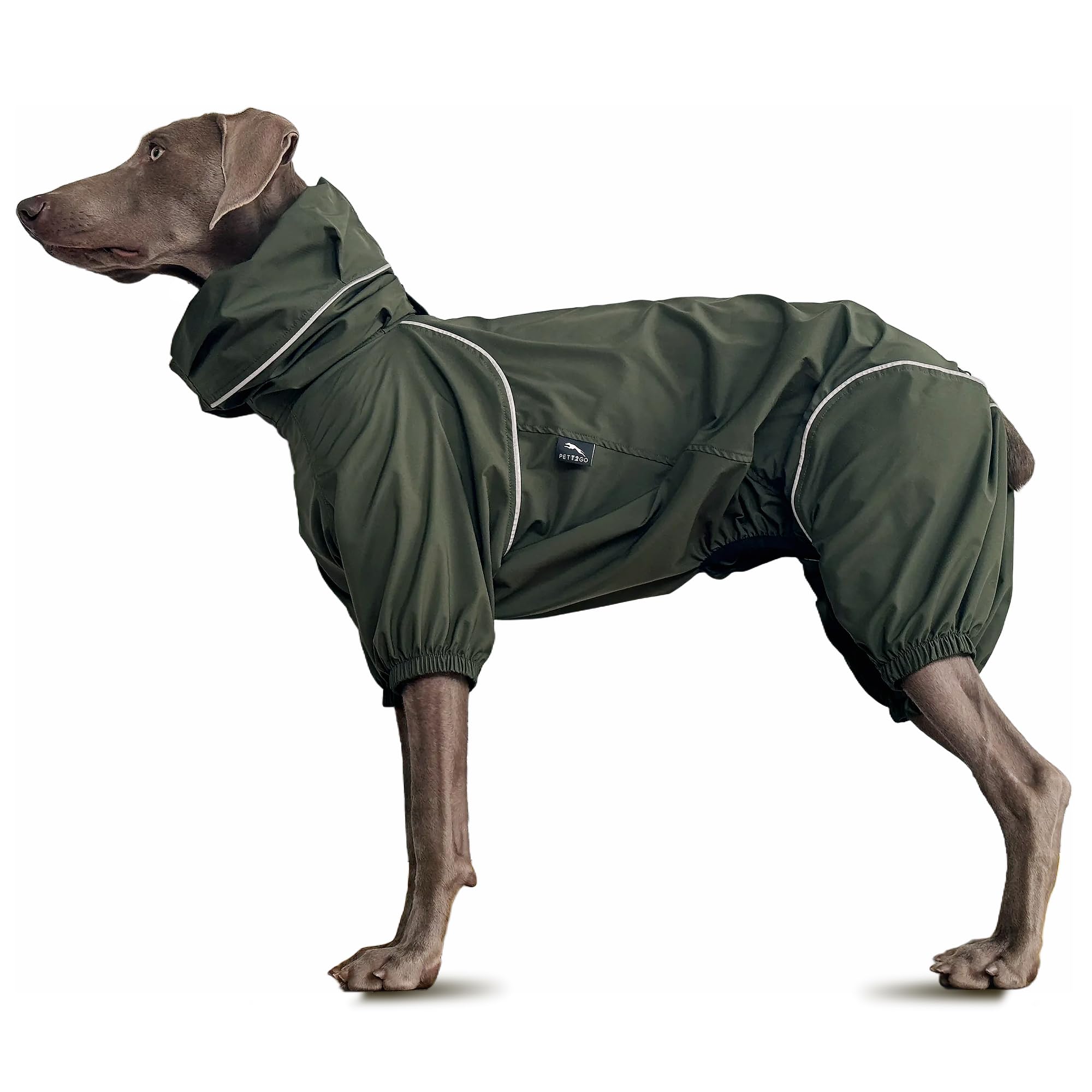 Windjacke, leicht, für Hunde, Mantel mit Beinen, mit Kapuze, Loch für Leine, reflektierend, kompakt – Dunkel Olivgrün-XL (Rüde)