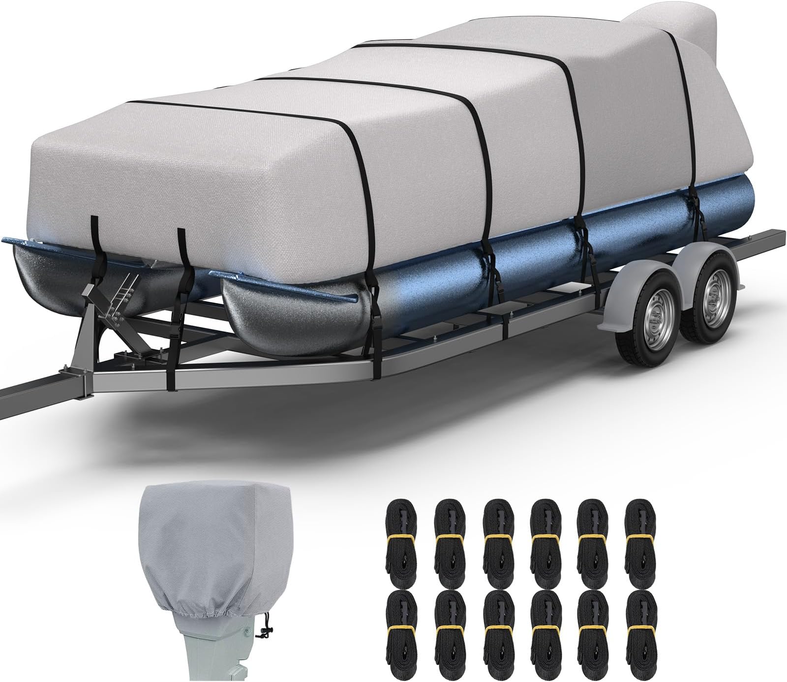 RVMasking Pontoon Boat Cover with Motor Cover, 1400D Heavy Duty Middle Reinforced, Marine Grade Waterproof Boat Cover for Length: 17'-20', Beam Width up to 102", Gray