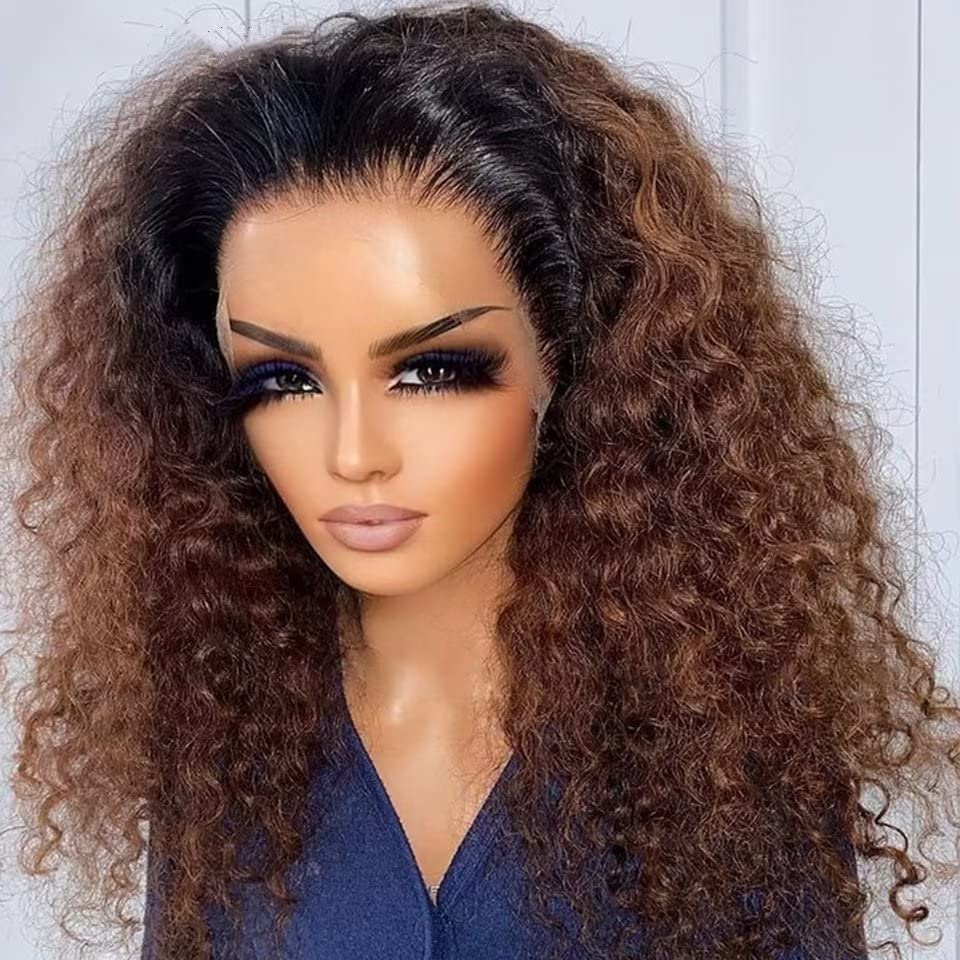Afro Kinky Curly Human Hair Wigs Women Brown Lace Front Wig 13X4 Human Hair Wigs Ombre Blonde Curly Wig Pre Plucked With Baby Hair Bleached Knots HD Transparent Lace Colored Wig 22"