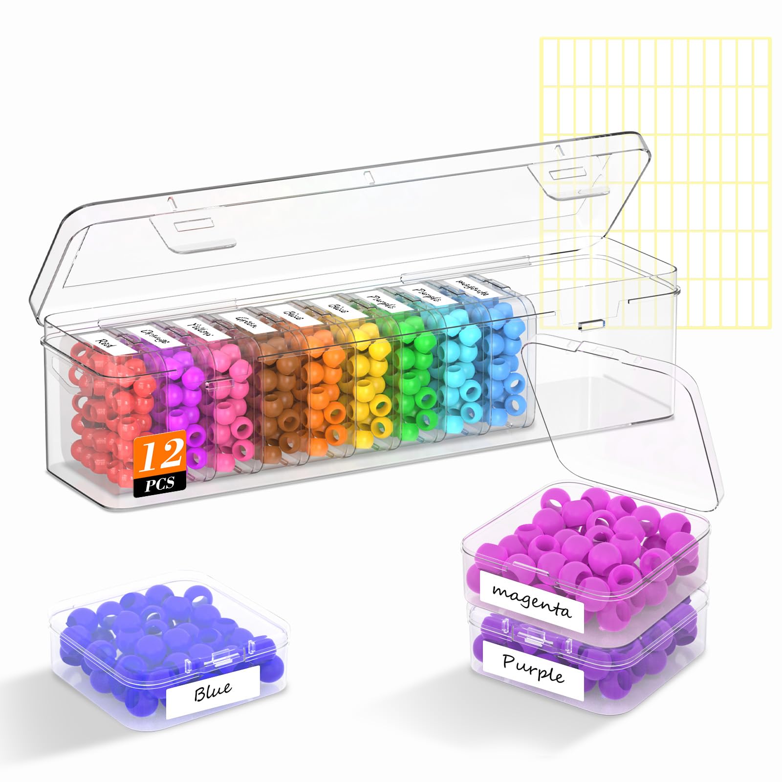 Bead Organizer Box, 12 PCS Clear Plastic Storage Containers Features Hinged Lid and Labels, Craft Storage Box for Jewelry, Diamonds, Clay Beads, Bracelets, Screws, Seeds, Small Parts