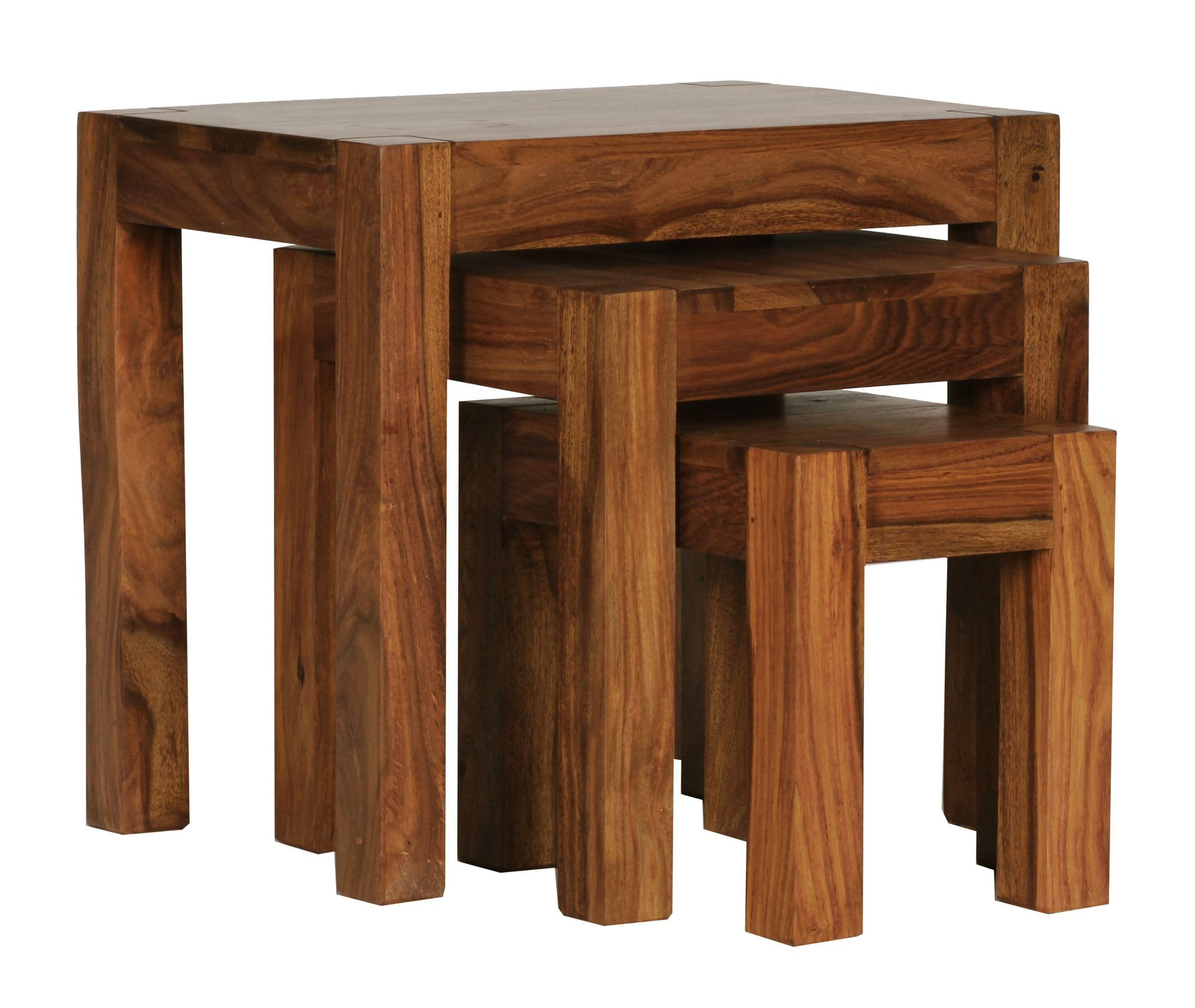 WOHNLING Juego de 3 mesas Nido Mumbai Madera Maciza sheesham Mesa de salón Mesa Auxiliar Estilo casa de Campo Madera Natural marrón Oscuro | 3 mesas nido apilables, mesas de salón de estilo campaña, pieza única, mesa de café lote marrón oscuro