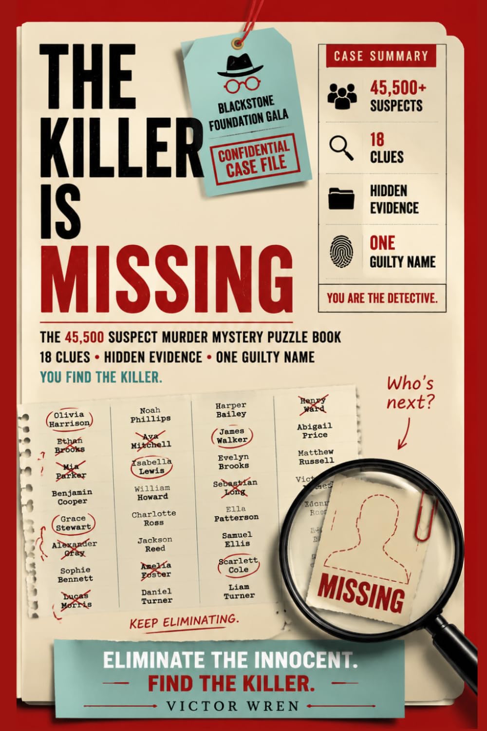 The Killer is Missing: The 45,500 Suspect Murder Mystery Puzzle Book | 18 Clues, Hidden Evidence, One Guilty Name, Find the One Guilty Name
