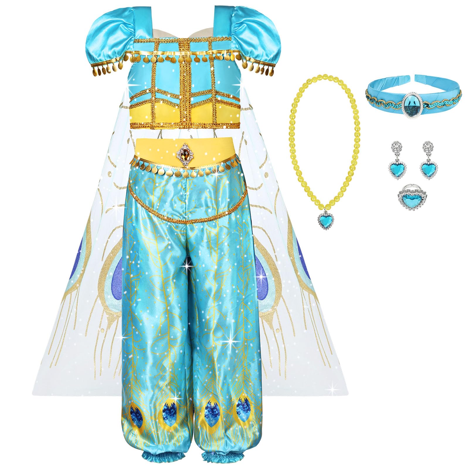 AUYAO Jasmin Kostüm 8PC Prinzessinkleid Mädchen Costume Set mit Oberteil/Hose/Halskette/Umhang/Stirnband/Ring/Ohrringe Aladin Cosplay Outfit Kinder Princess Kostüm Party Halloween Verkleidung Karneval