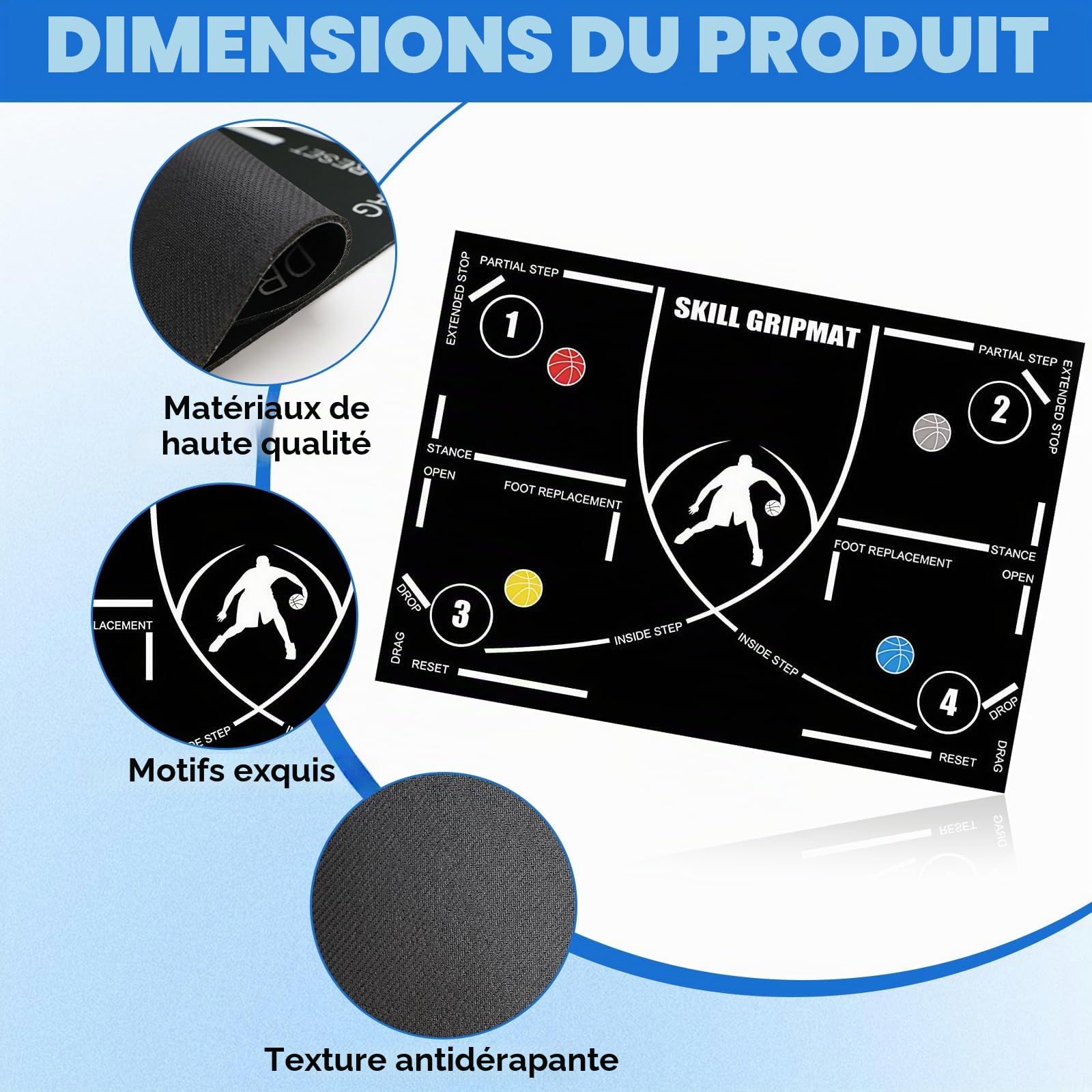 Tapis de basket-ball, de football, antidérapant, pour le sport, grand format, pour l'entraînement des pas, l'intérieur et l'extérieur