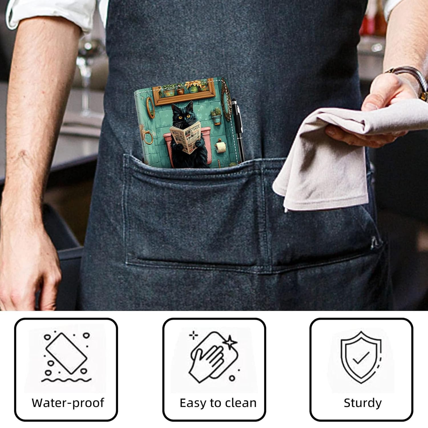 Server Book,Waitress & Waitre Books with Zipper Money Pockets and Pen Holder PU Leather,Cute Waitstaff Organizer Fit Server Apron with Black Base,Black Cat Reading Newspaper