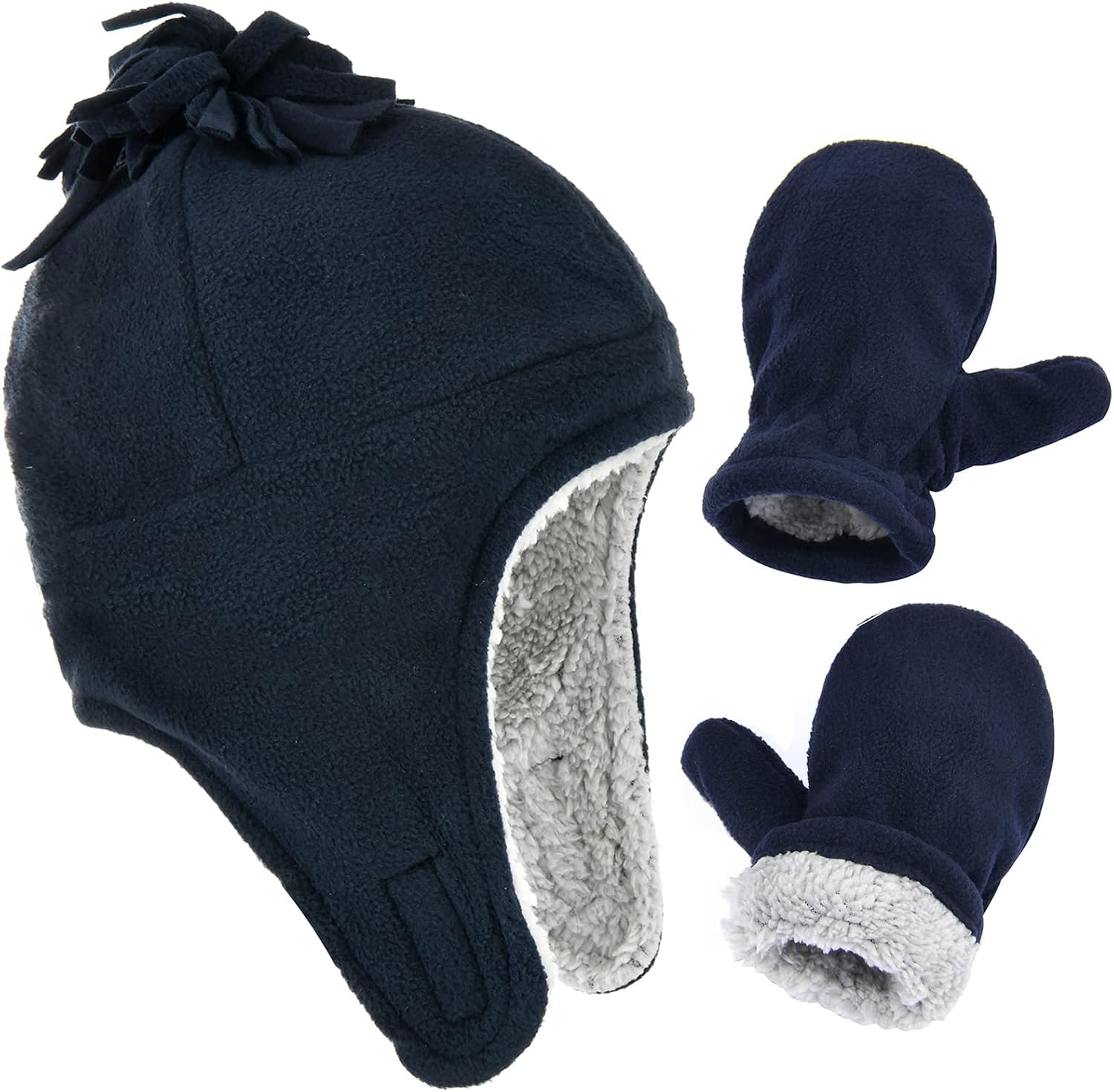 Toddler Winter Hat with Mitten Set - Baby Kids Warm Fleece Cap Set with Ear Flaps