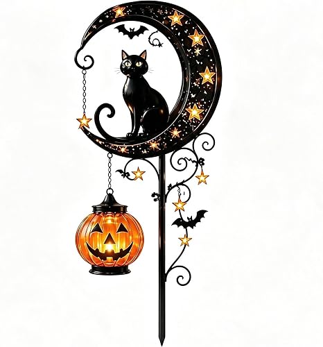 Solar Halloween Black Cat Moon Garden Stake Light Outdoor