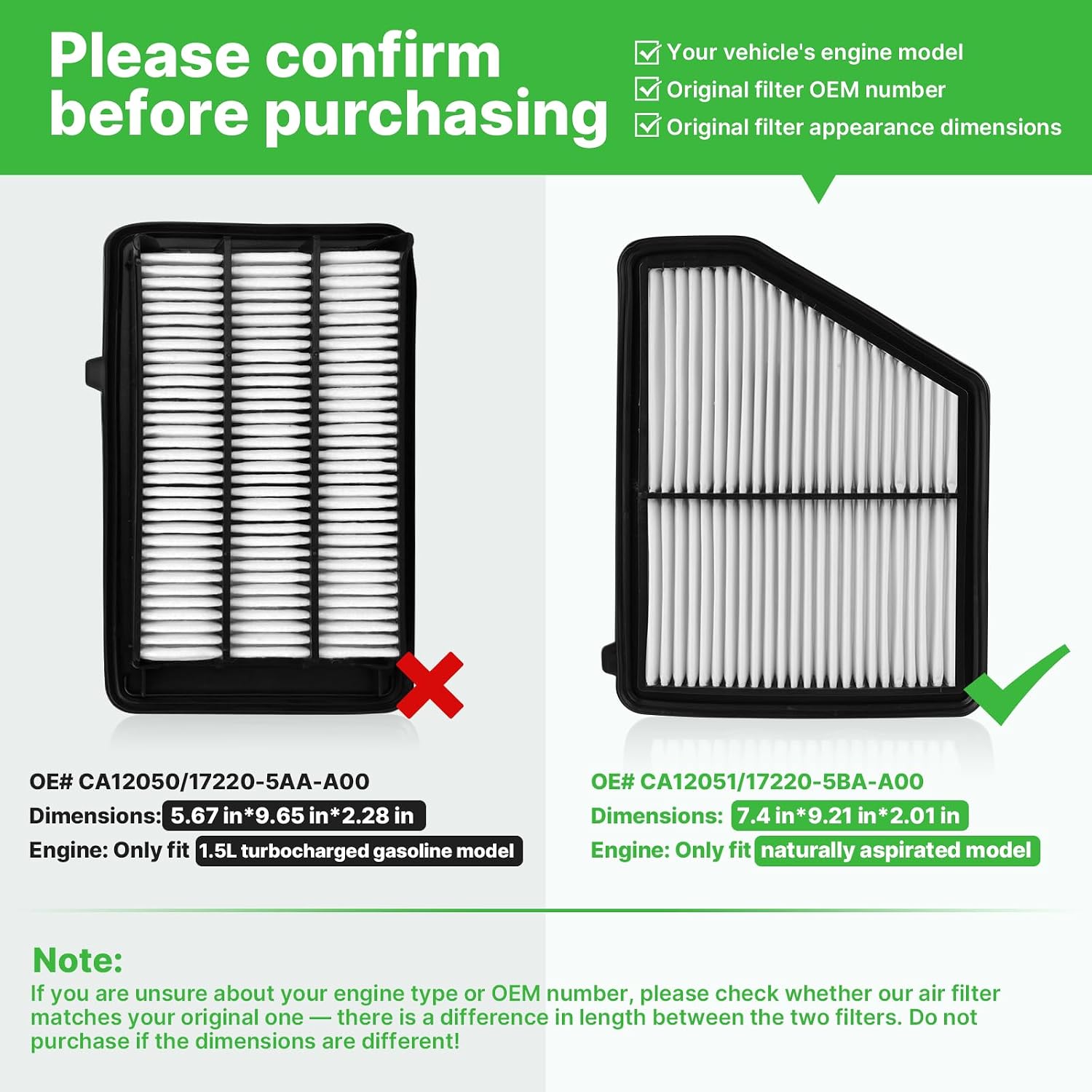 Condition photo showing New/Like New for engine+cabin air filters set fit for honda civic 2016-2026 (2.0l), hr-v hrv 2023-2026 (2.0l) (only naturally aspirated, not for type-r!) ac filter replacement cf11182 ca12051 16-25 26 civic, 23-25 26 hr-v
