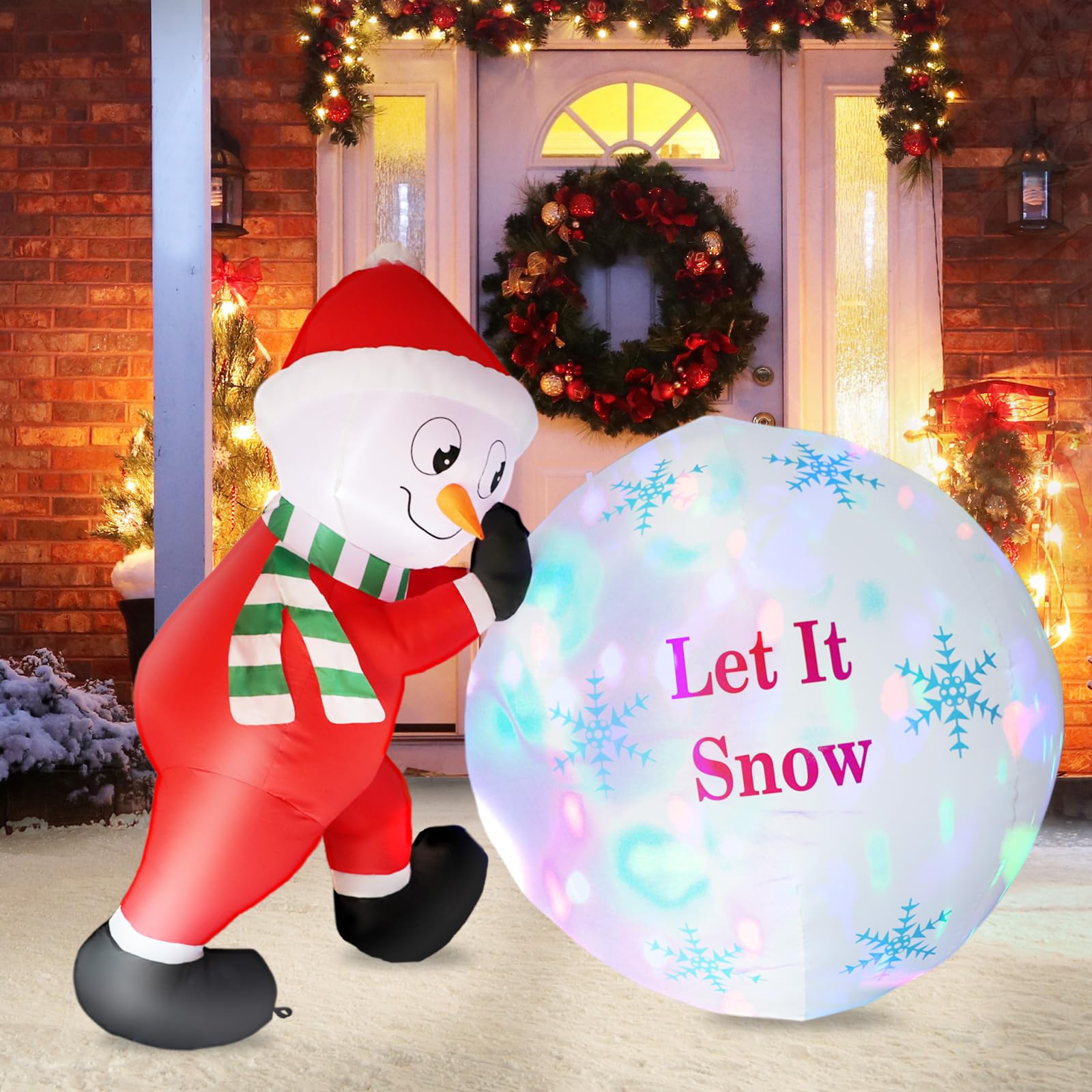 5FT Christmas Snowman Inflatable Decoration,Blow Up Red Snowman Pull Snowball Built-in Colorful Rotating Lights Yard Decoration,Snowman Christmas Inflatable Holiday Party Garden Yard Decoration