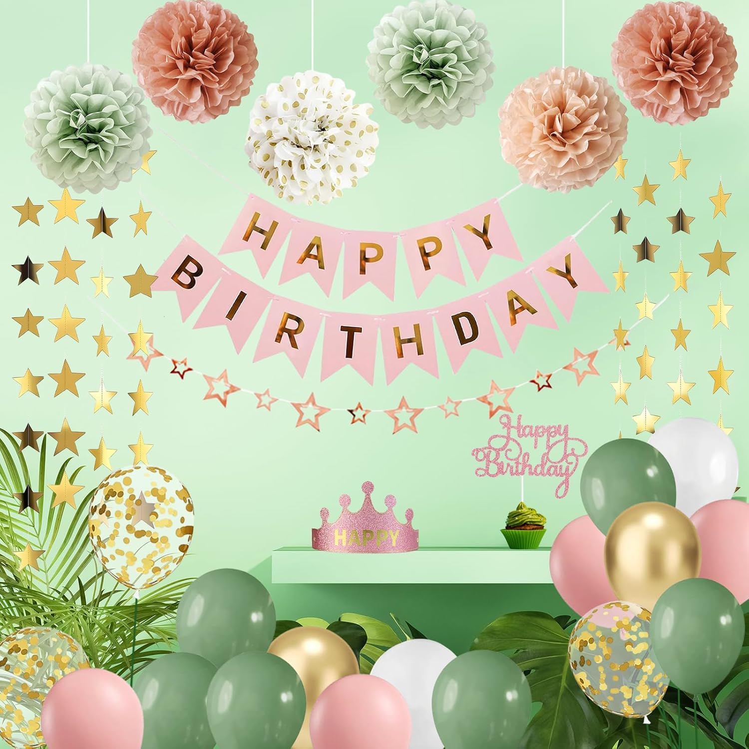 Dusty Pink and Sage Green Birthday Party Decorations for Women Girls with Sage Green Balloons Happy Birthday Banner Star Garland Paper Pompoms Star Dots Garland Crown Party Supplies - Image 5