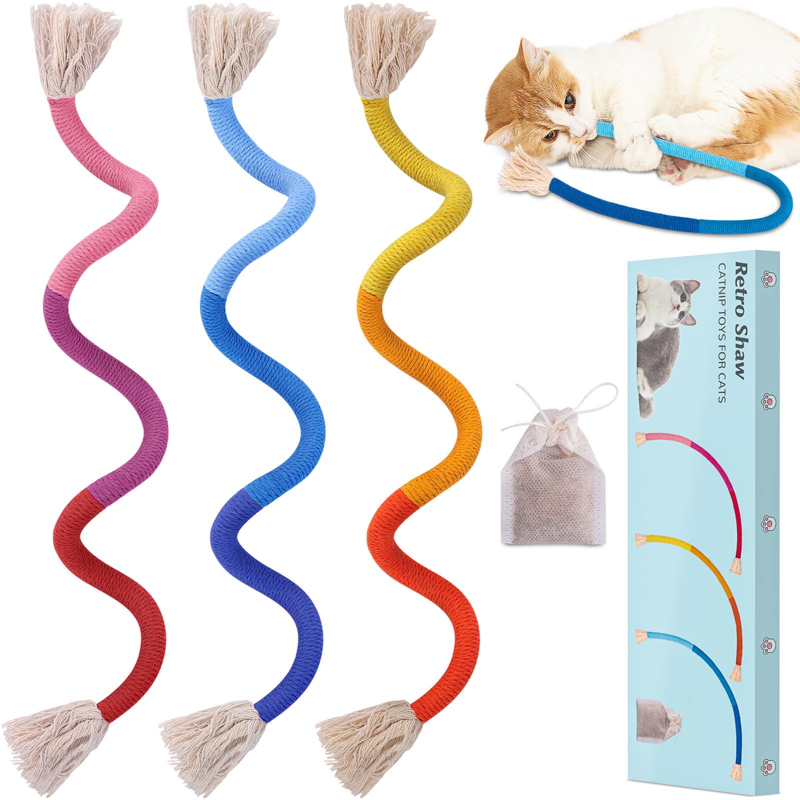 Retro Shaw Cat Toys Chew Rope,3 Pack Catnip Ropes Toy for Indoor Kittens Kitty,Cats String Safe Teeth Cleaning Toy,Interactive Cat Nip Kicker Toy 23.6 Inches