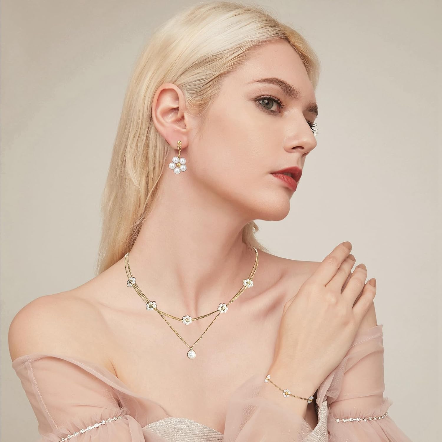Gold Jewelry Set for Women Dainty 18K Gold Silver Plated Layered Daisy Pearl Flower Choker Necklaces Set Flower Bracelet & Drop Earrings Wedding Jewelry for Christmas Birthday Gifts - Image 3