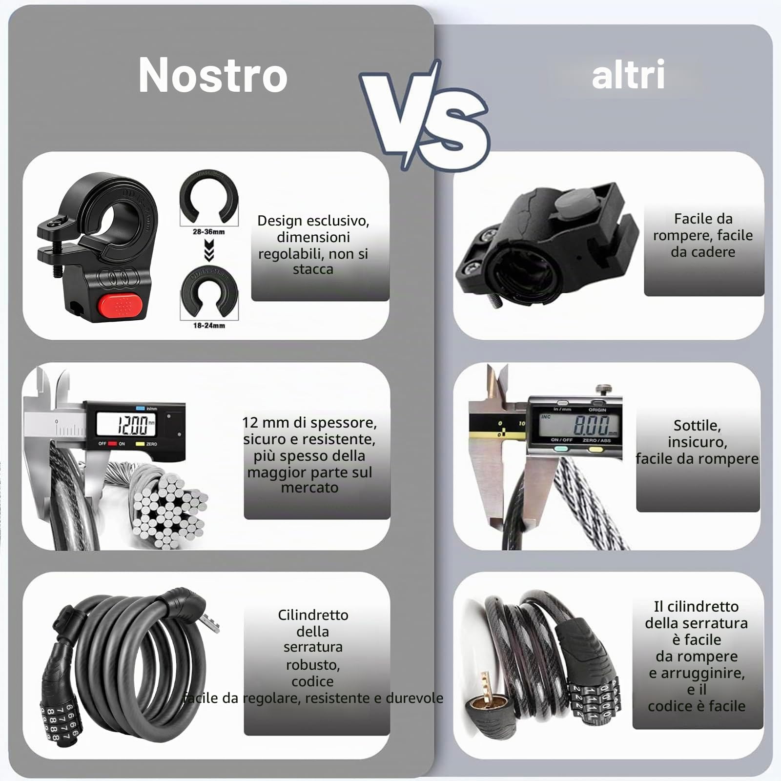 Antifurto per Scooter Elettrico e Bicicletta - 120 x 12 mm, Con Cavo in Acciaio da 12 Tacchi e Codice Intelligente a 4 Cifre - per Moto