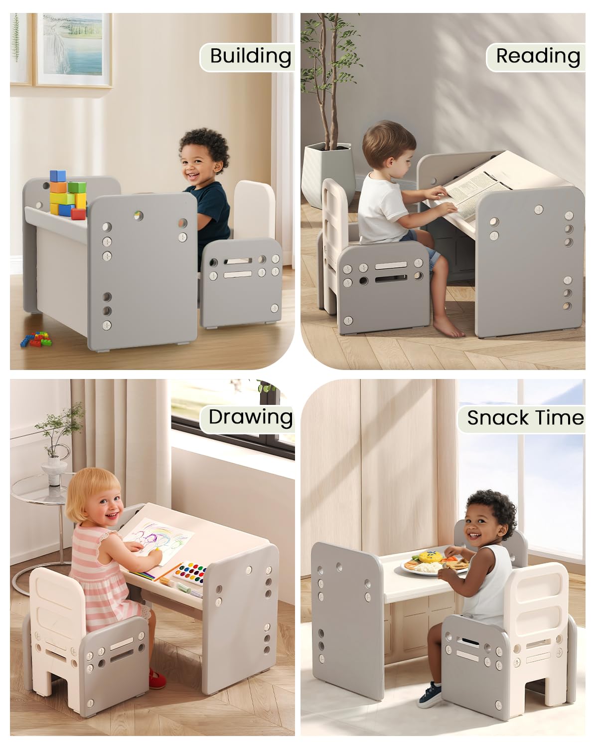 hoopyosms 4-in-1 set tafel en stoel voor kinderen met dienblad voor bouwstenen, gemakkelijk te reinigen tafel, aquarelstift, opbergruimte, Montessori-tafel, grijs