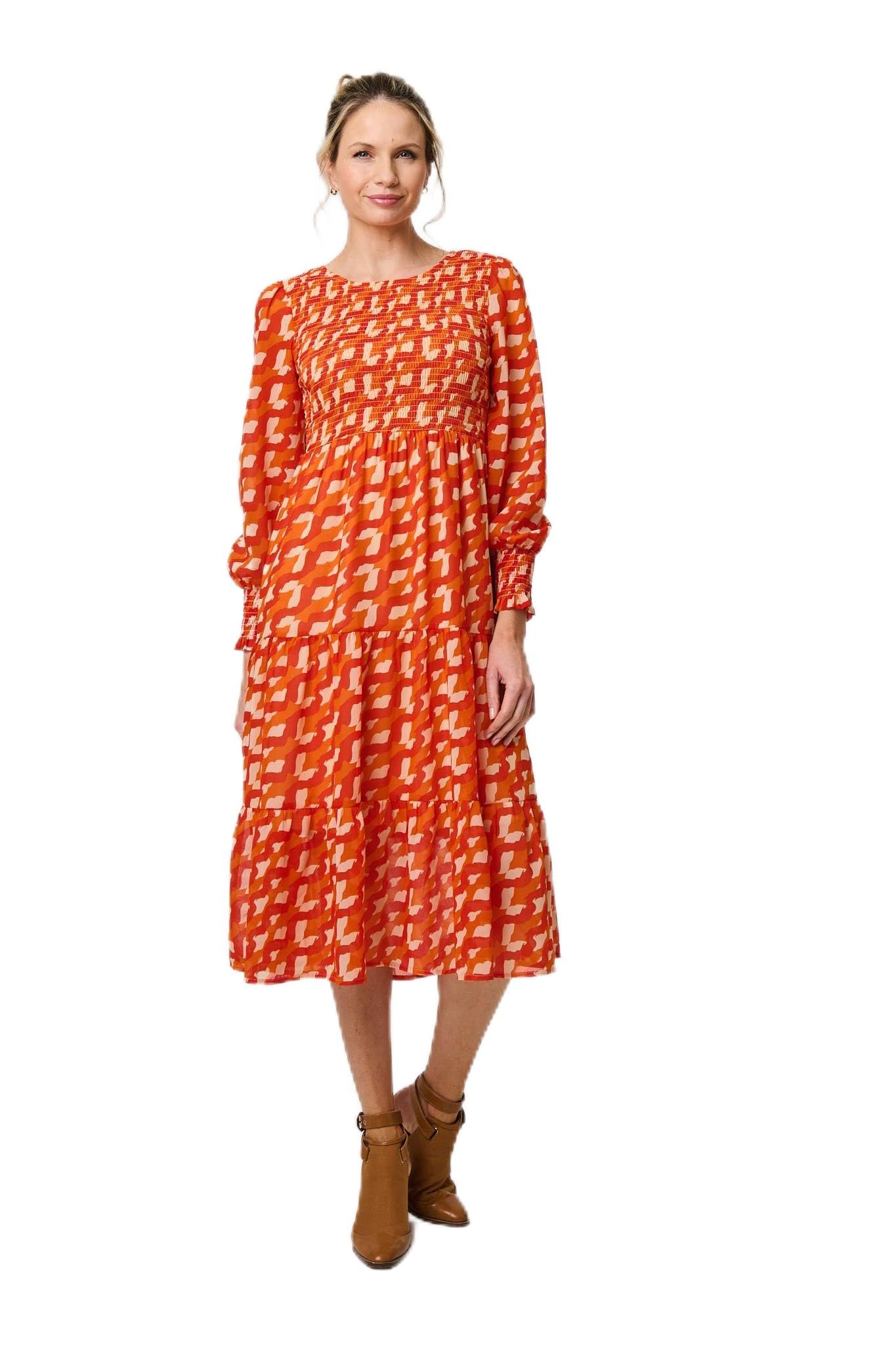 Izabel London Women's Orange Printed Long Puff Sleeve Midi Smock Dress In Large