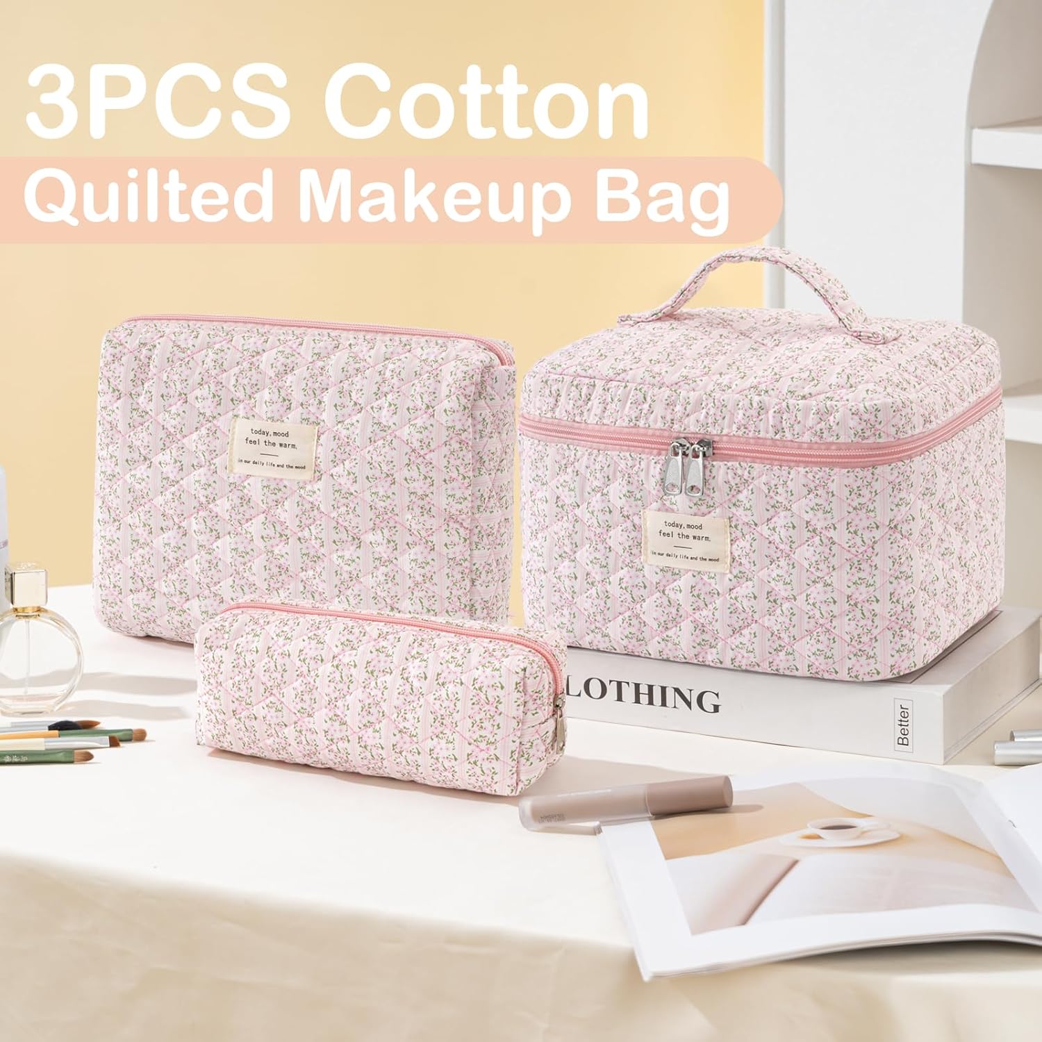 Makeup Bag for Women 3PCS Quilted Cotton Make Up Bag Travel Cosmetic Bag Large Makeup Bag Set Cute Makeups Organizer Floral Toiletry Pouch for Purse, Pink Stripe - Image 3