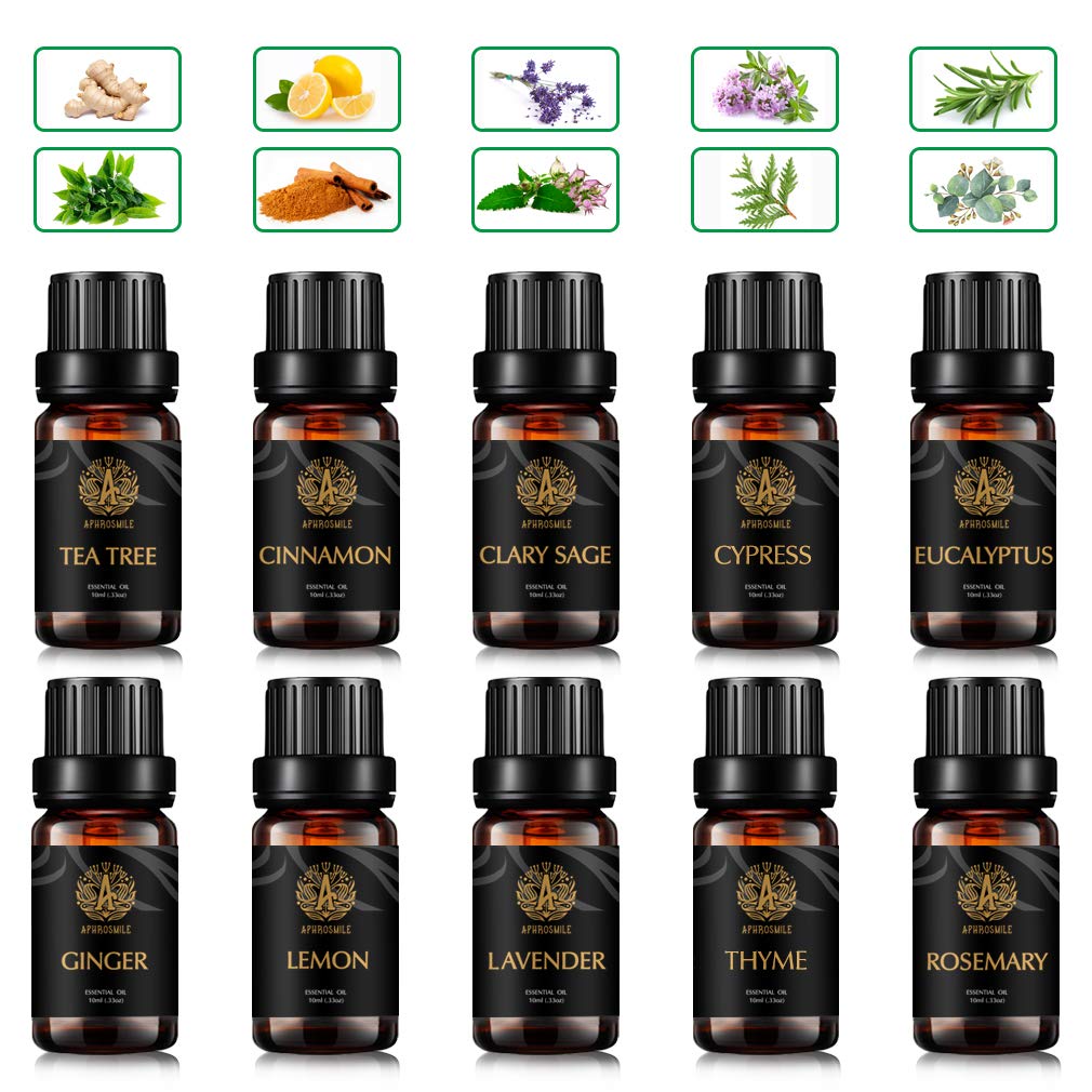 Aromatherapie Zimt ätherisches Öl Set für Diffusor, 100% reine Teebaum ätherisches Öl Kit für Hause, 10x10ml Ingwer ätherische Öle Set-Clary Salbei,Zypresse,Zitrone,Thymian Öle...