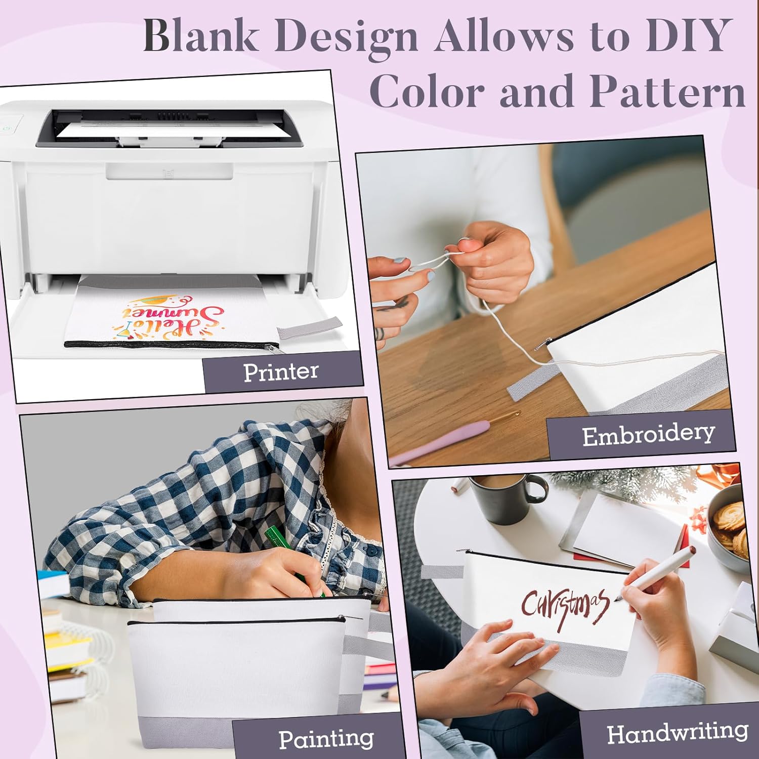 10 Pieces Cotton Canvas Makeup Bag with Bottom and Strap, Multi-Purpose Cosmetic Bag with Zipper Travel Toiletry Pouch, Blank DIY Craft Bag (White&Grey, XS) - Image 6