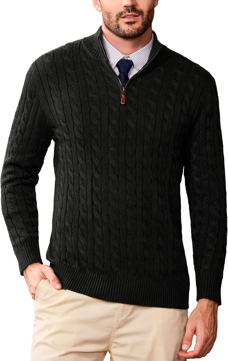 Kallspin Mens Quarter Zip Sweater Wool Blend Cable Knit Pullover Long Sleeve Casual Business Knitwear Fall Winter Top