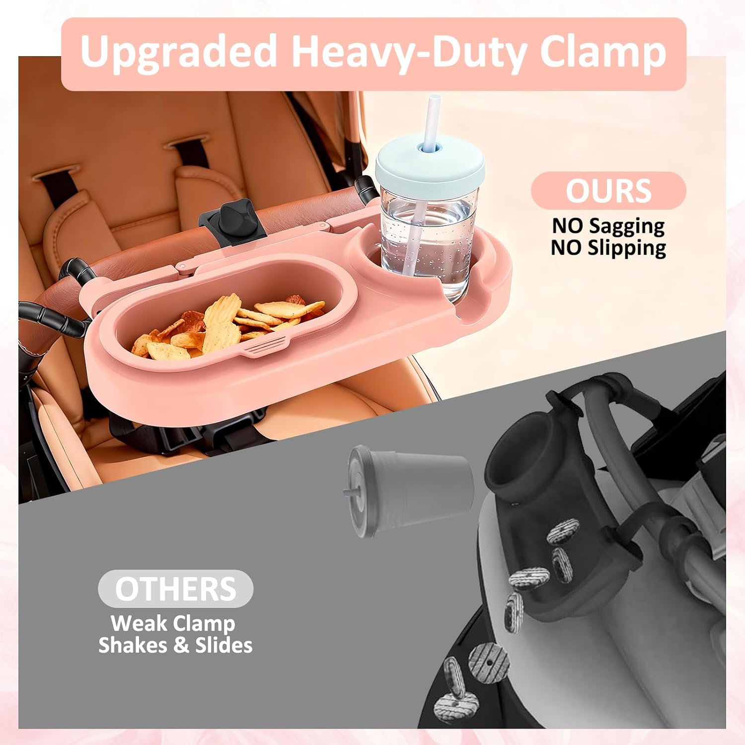 BANGIE Cute Pink Stroller Snack Tray for Girls - Compatible with Uppababy Vista V2, Nuna Mixx, Mockingbird - Aesthetic Attachment with Cup Holder & 3 Detachable Silicone Bowls