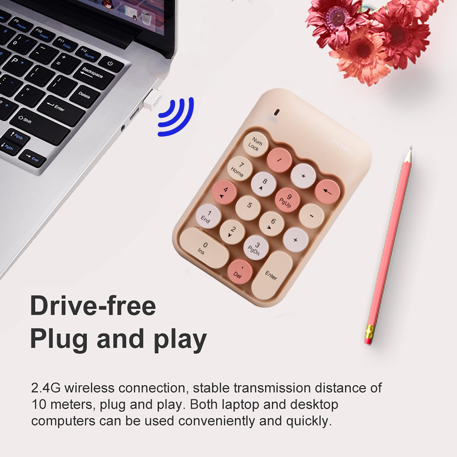 Pavé Numérique Sans Fil 2,4G - 18 Touches Rondes Colorées - Portable Pour Comptabilité Et Excel - Couleur Thé Au Lait