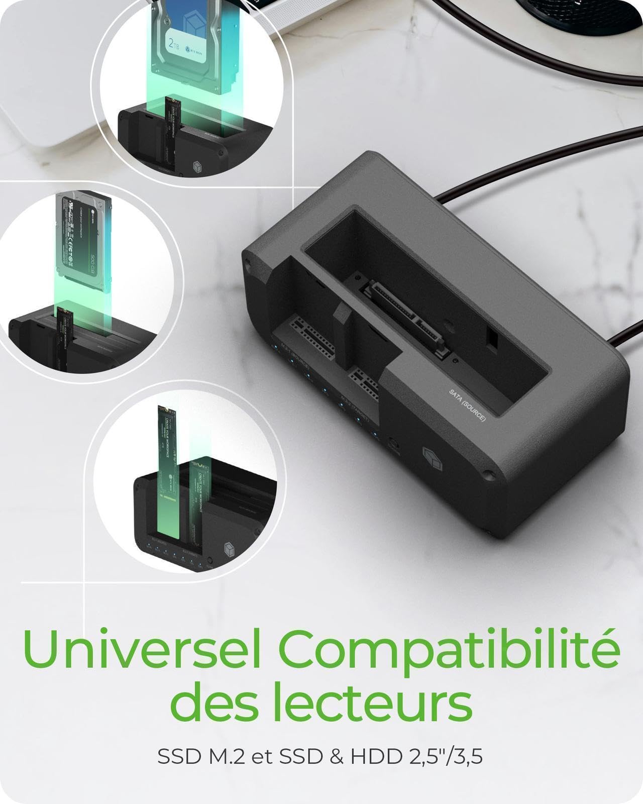 ICY BOX Station d'accueil pour disques M.2 NVMe et SATA, clonage bidirectionnel, USB 3.2 10 Gbit/s