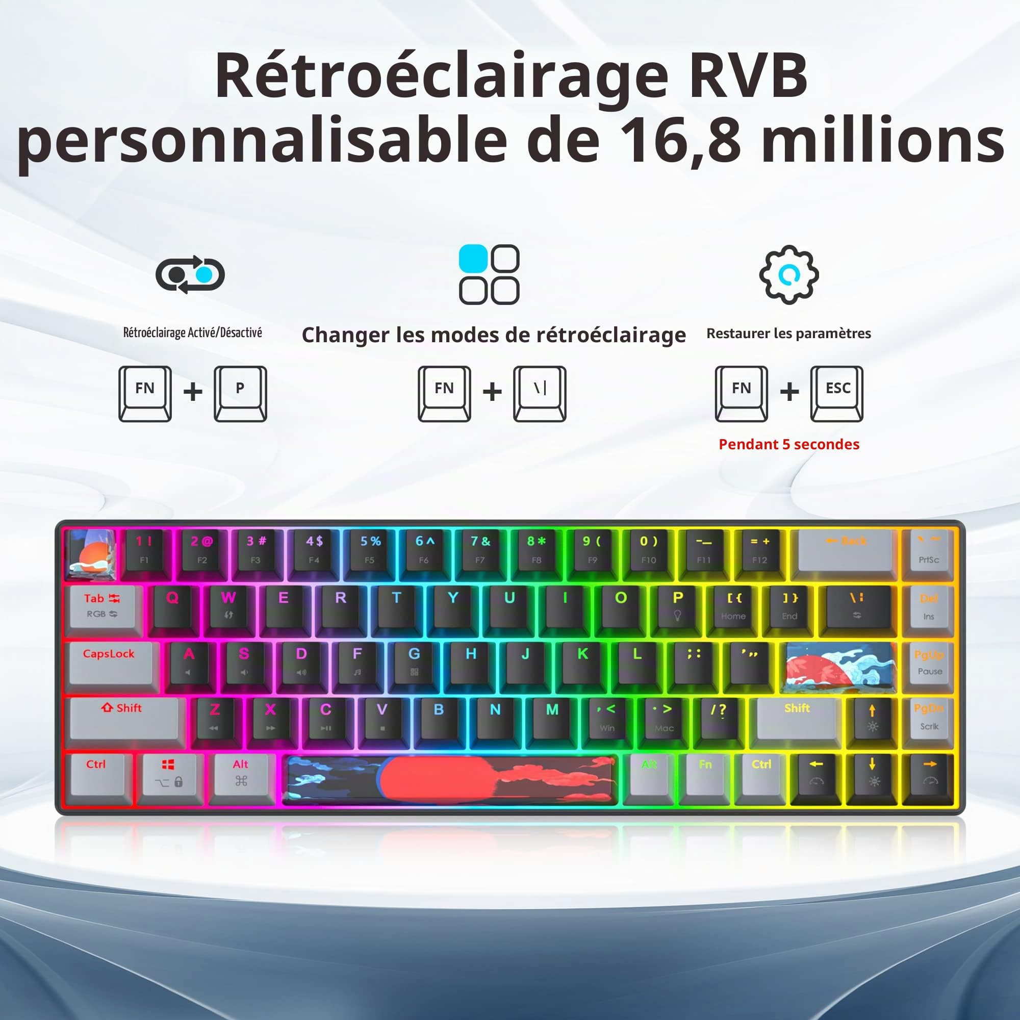 SOLIDEE Clavier de Jeu mécanique 65%,Clavier Filaire Compact rétroéclairé LED RVB 68 Touches avec câble USB Type-C détachable,Clavier de Bureau avec Interrupteur Rouge linéaire pour Win/Mac(68 Dark)
