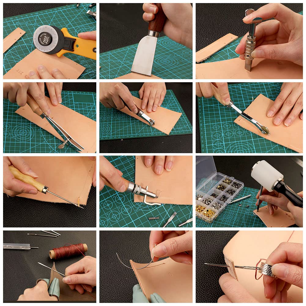 Kit d'outils en Cuir, kit de Couture en Cuir, Outil de Traitement du Cuir avec Outils de découpe en Cuir, kit de Rivets en Cuir, Grover, Tapis de Coupe, perforateur à Dents et Sac de Rangement