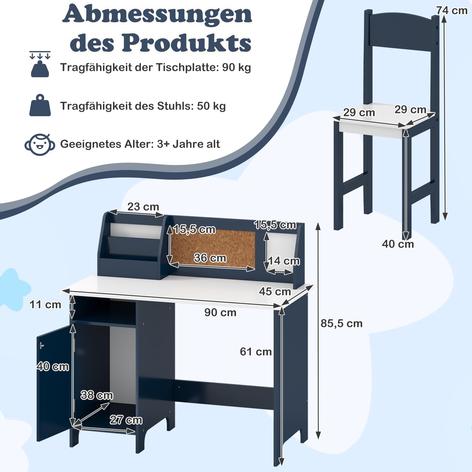 COSTWAY Kinderschreibtisch Set, Schreibtisch Kinder mit Stuhl aus Holz, Schülerschreibtisch mit Bücherregal, Schrank & Pinnwand, Jugendschreibtisch für Kinder ab 3 Jahren (Blau)