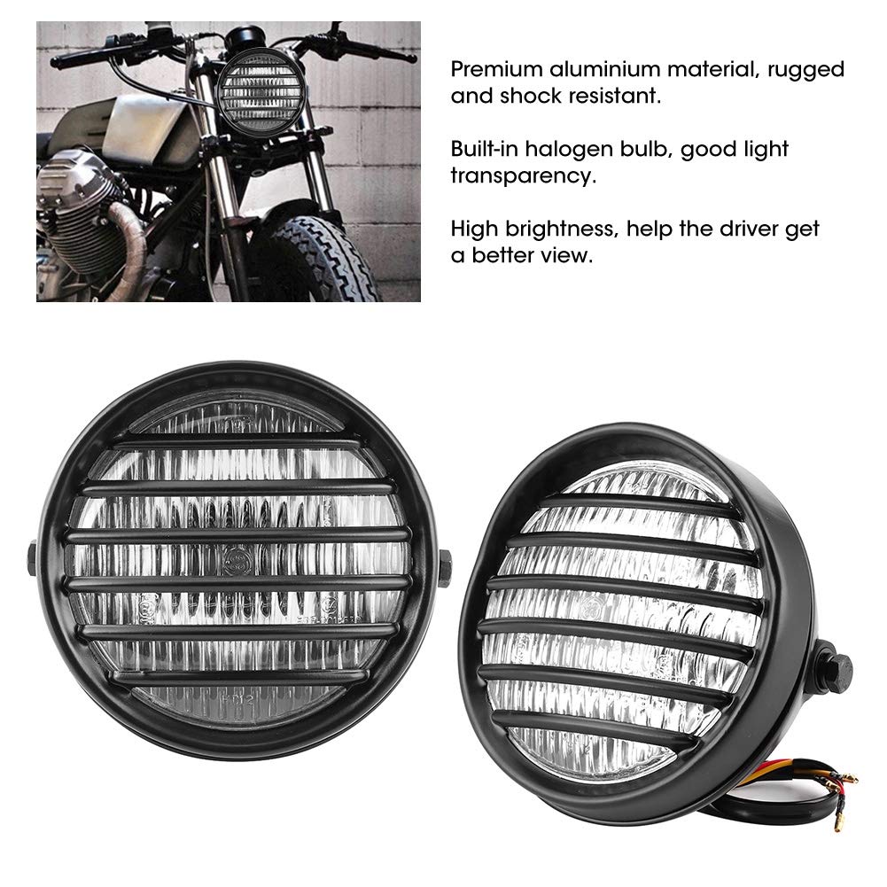 Qiilu Faros delanteros de motocicleta de 6 pulgadas, faro redondo de motocicleta Parrilla cubierta de lente 35W Bombilla halógena Faro de moto universal(Vidrio transparente)