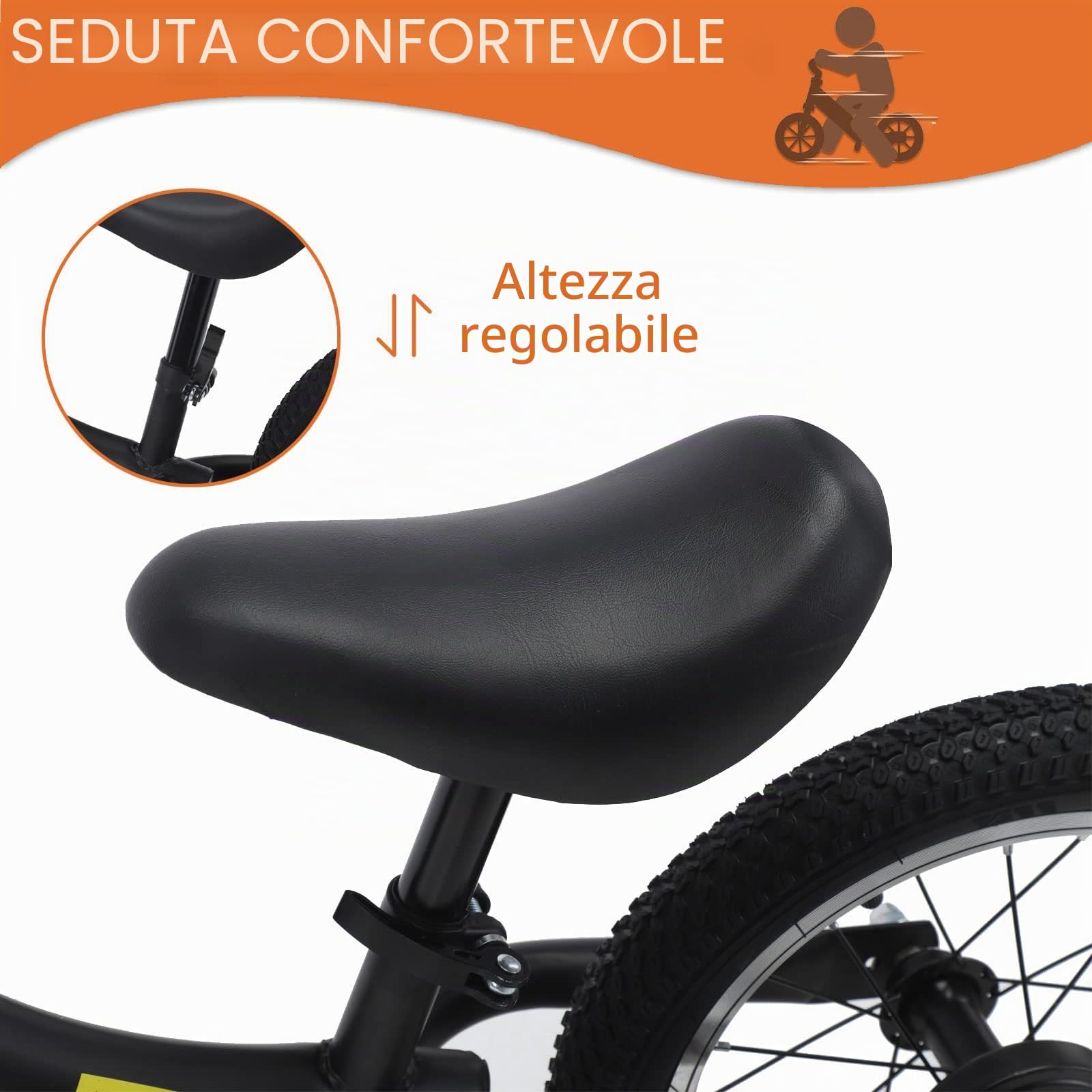 Bici Senza Pedali per Bambini 3-7 Anni, Ruote in Gomma da 16 Pollici, Fino a 45 Kg, con Freno, Cavalletto e Campanello, Regolabili in Altezza, Giochi per Bambina e Bambino, Nero