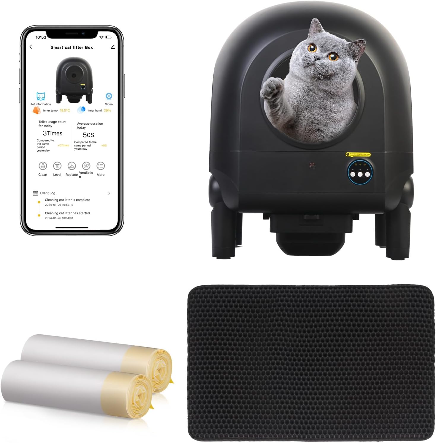 XXL Automatic Cat Litter Box with Video Function, Self Cleaning Cat Litter Box with Odor Control&Weight Monitoring, Ultral Quiet Operation with Litter Mat&Liners