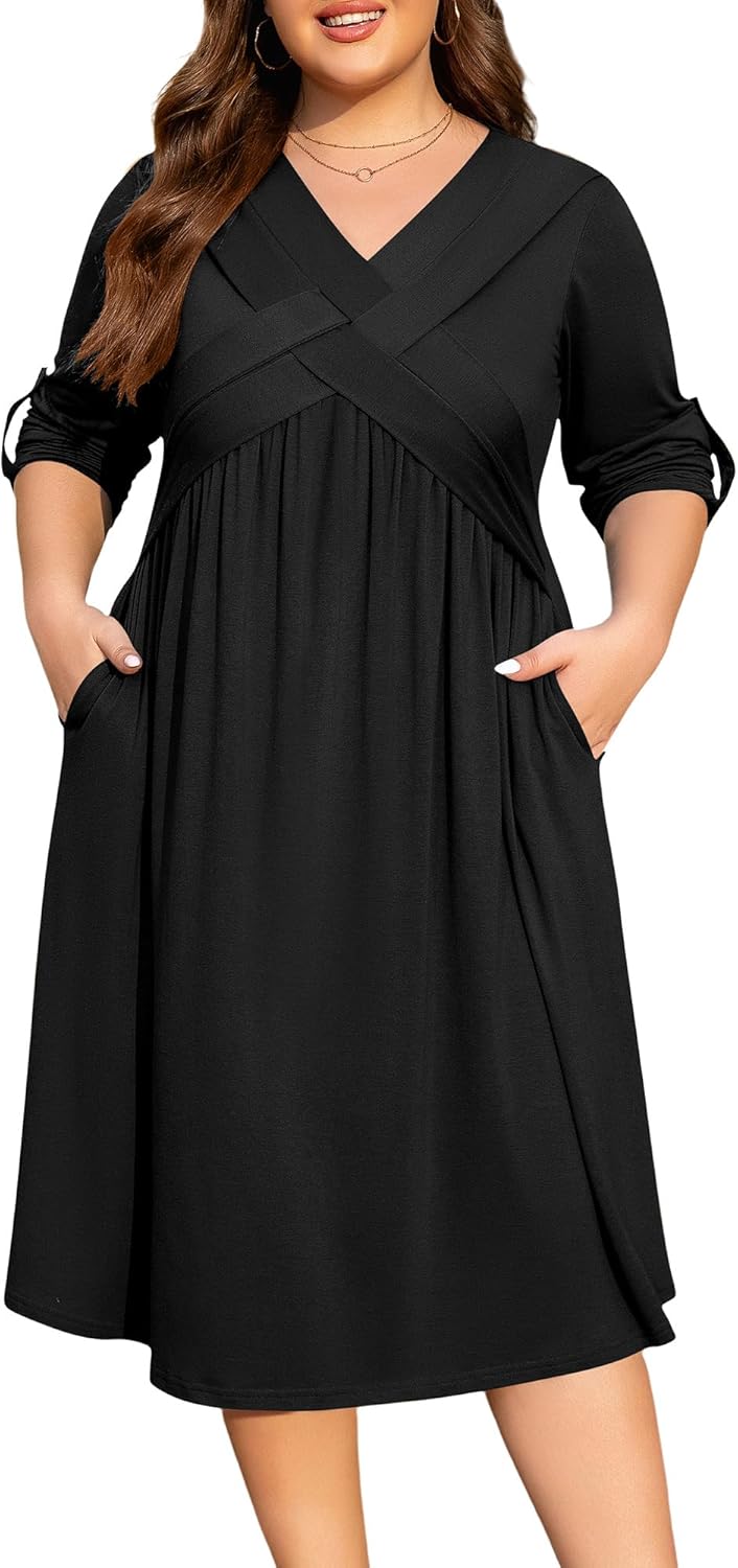 AMCLOS Womens Plus Size Dress V-Neck Elegant Cable Crossover Flowy 2 Pockets Roll up Long Sleeve Casual Party Maxi Dresses