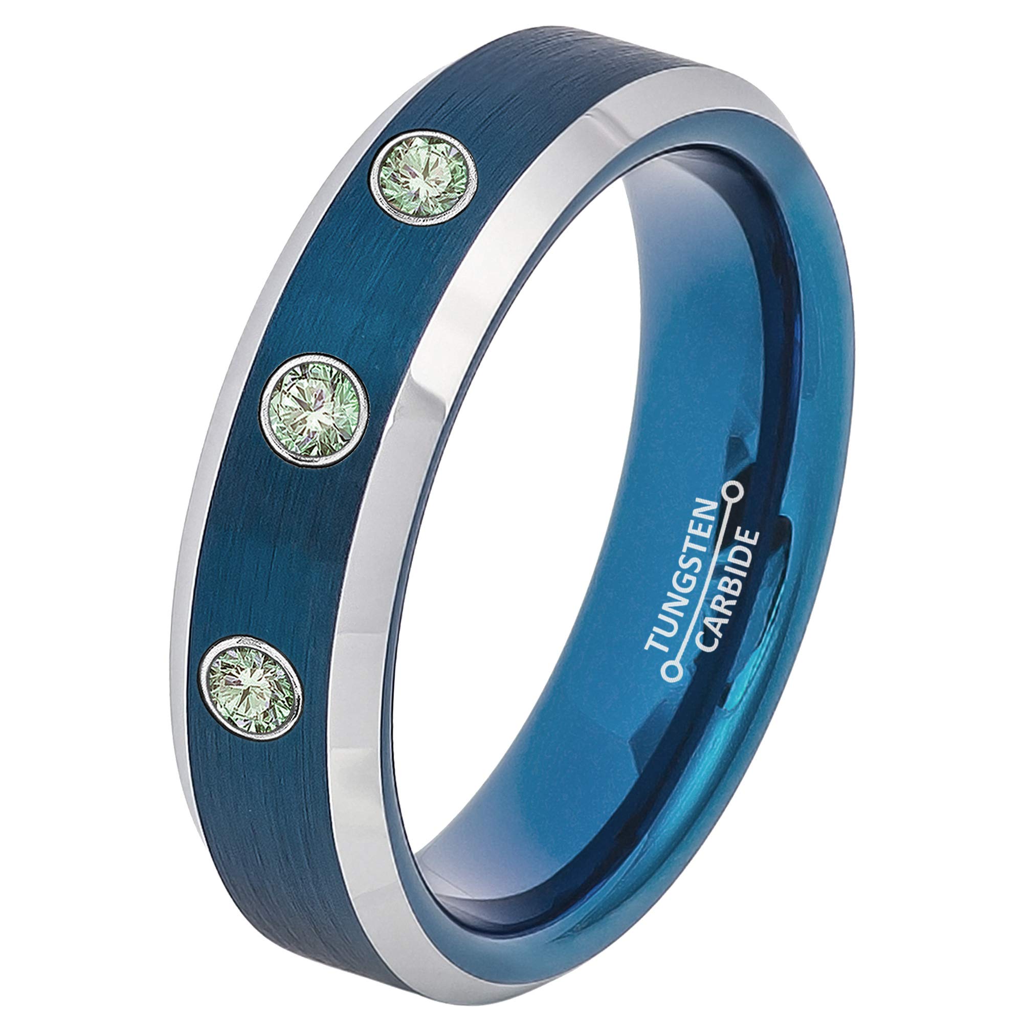 0.21ct Alexandrite 3-Stone Tungsten Ring - June Birthstone - 6MM Two-Tone Blue-Plated Brushed Finish