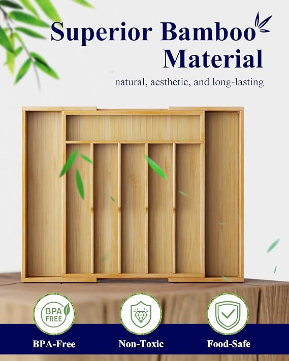Kitsure Silverware Organizer, Expandable Bamboo Drawer Organizer, X-Large