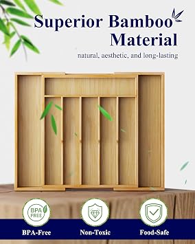 Kitsure Silverware Organizer, Expandable Bamboo Drawer Organizer, X-Large