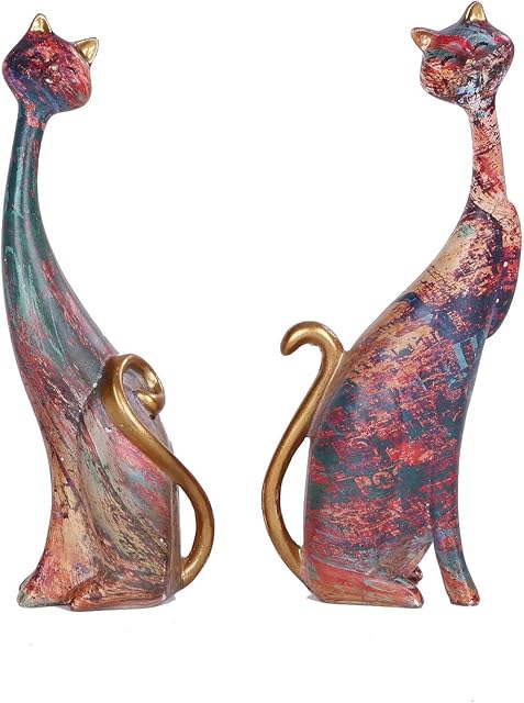 Two Oil Painting Art Resin Sculpture Statue Cats for Home Office Hotel Bookshelf Desktop Decoration 10.68 Inches Tall